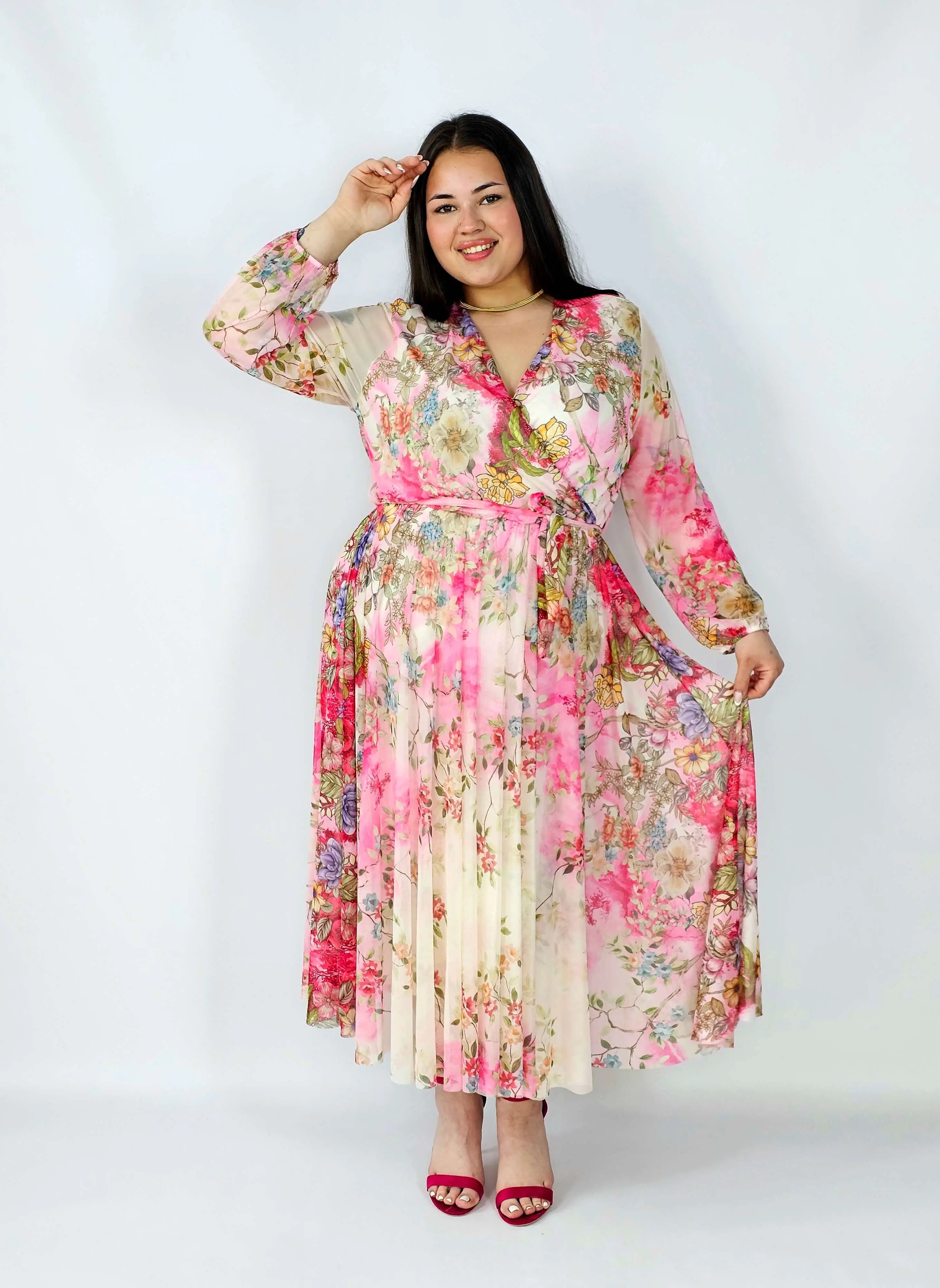 Sukienka plus size siateczkowa kopertowa z paskiem elegancka Stylowa XL