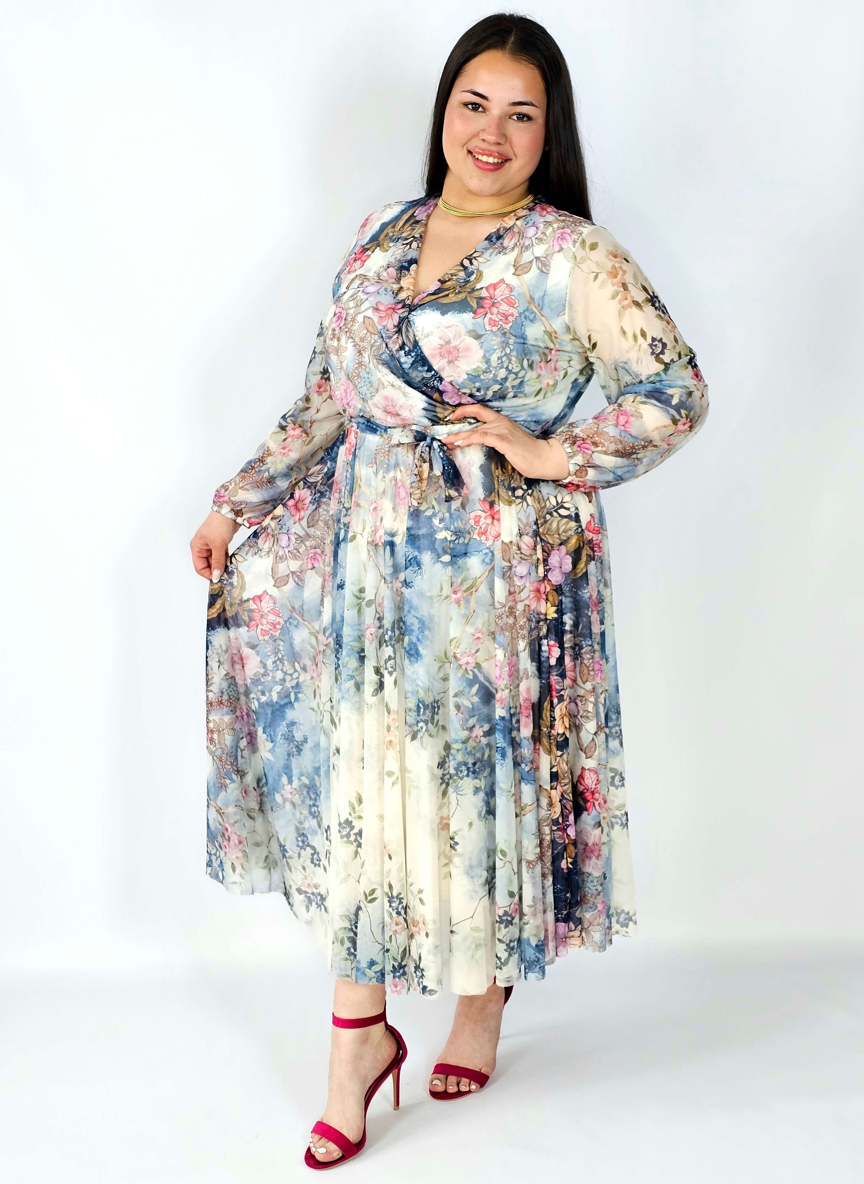 Sukienka plus size siateczkowa kopertowa z paskiem elegancka Stylowa XL