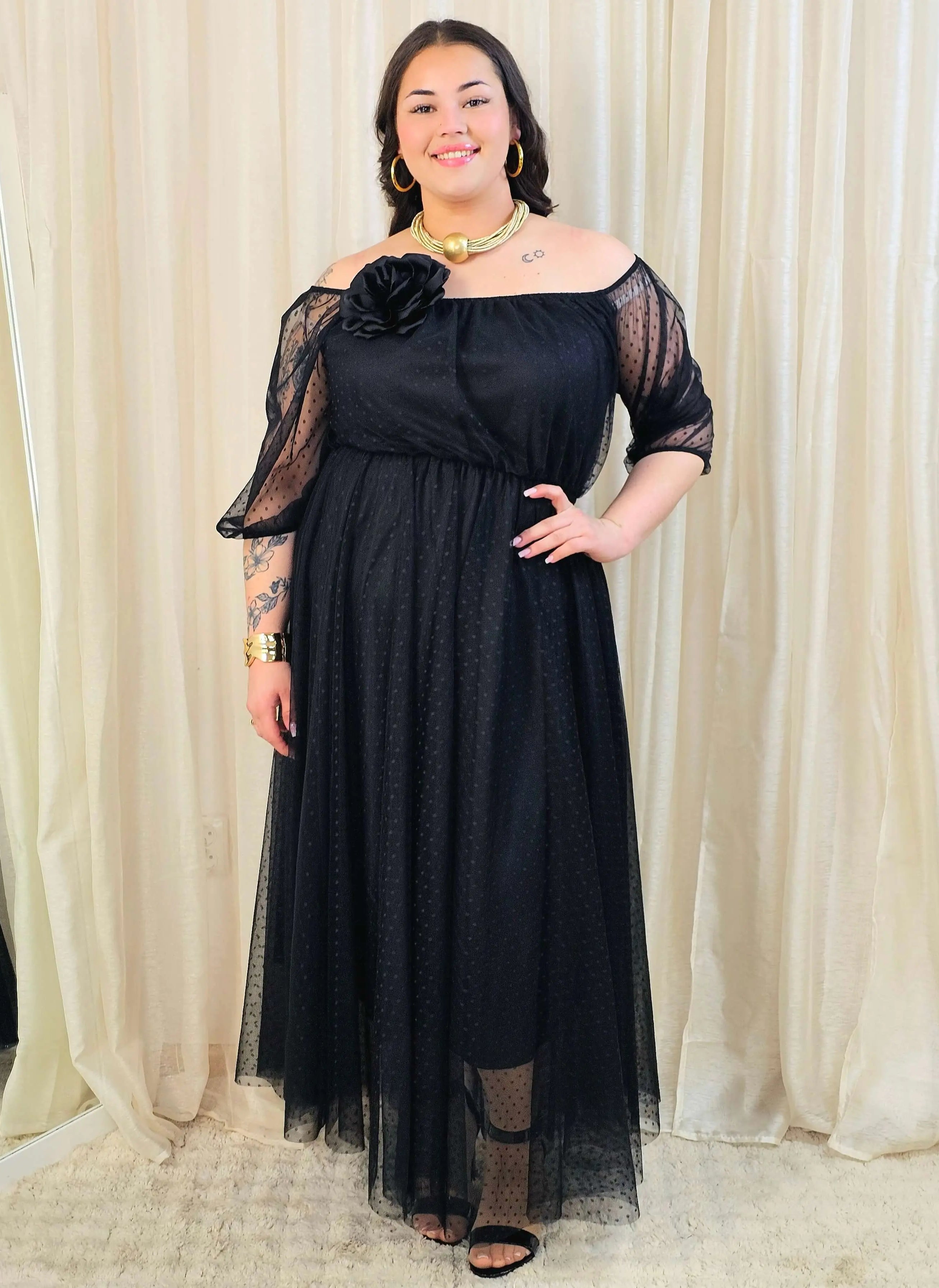 Sukienka plus size tiulowa maxi z dekoltem hiszpanka – elegancka sukienka XXL Stylowa XL Stylowa XL