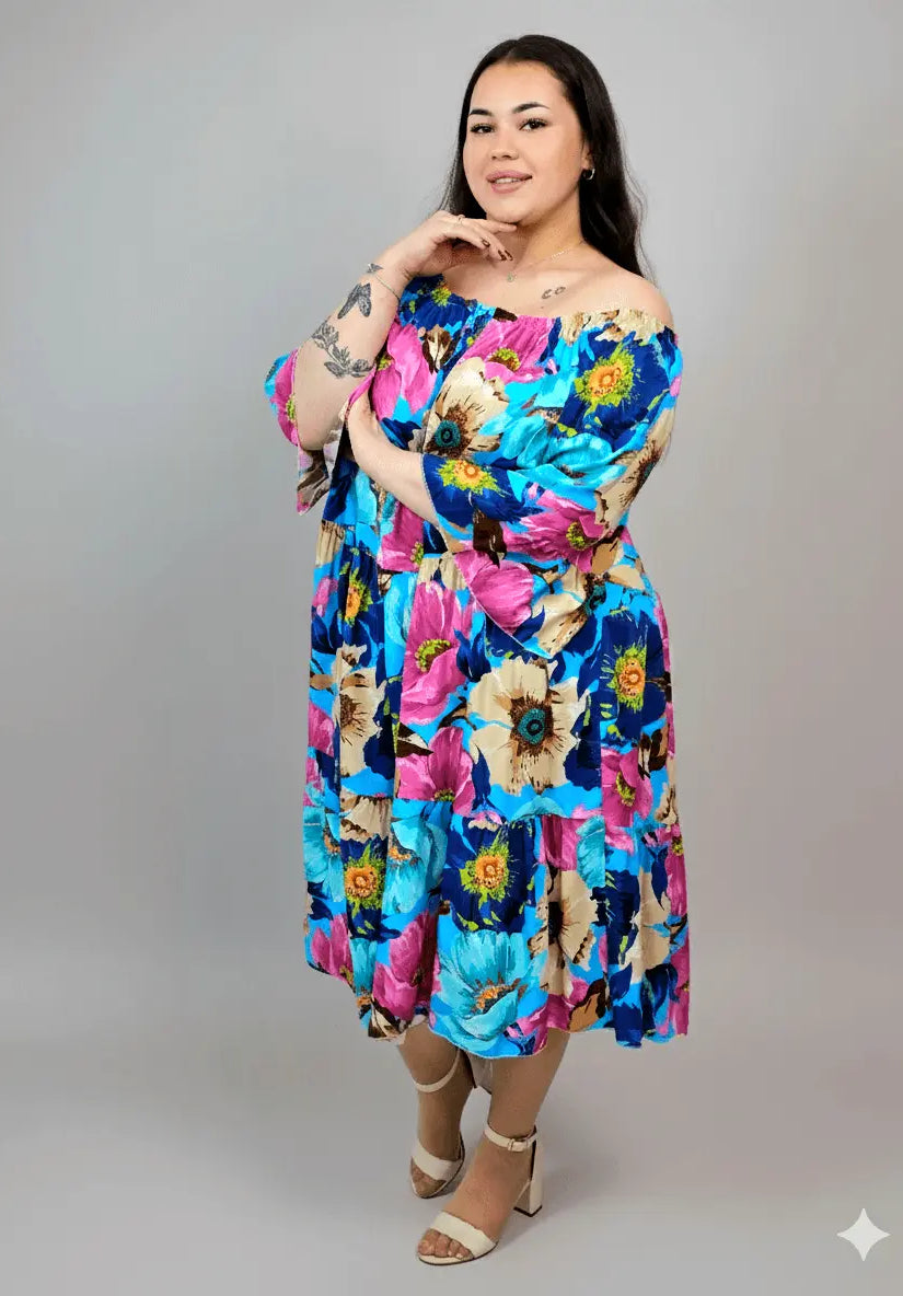 Sukienka plus size w kwiaty – hiszpanka z falbaną, kolorowa i lekka Stylowa XL