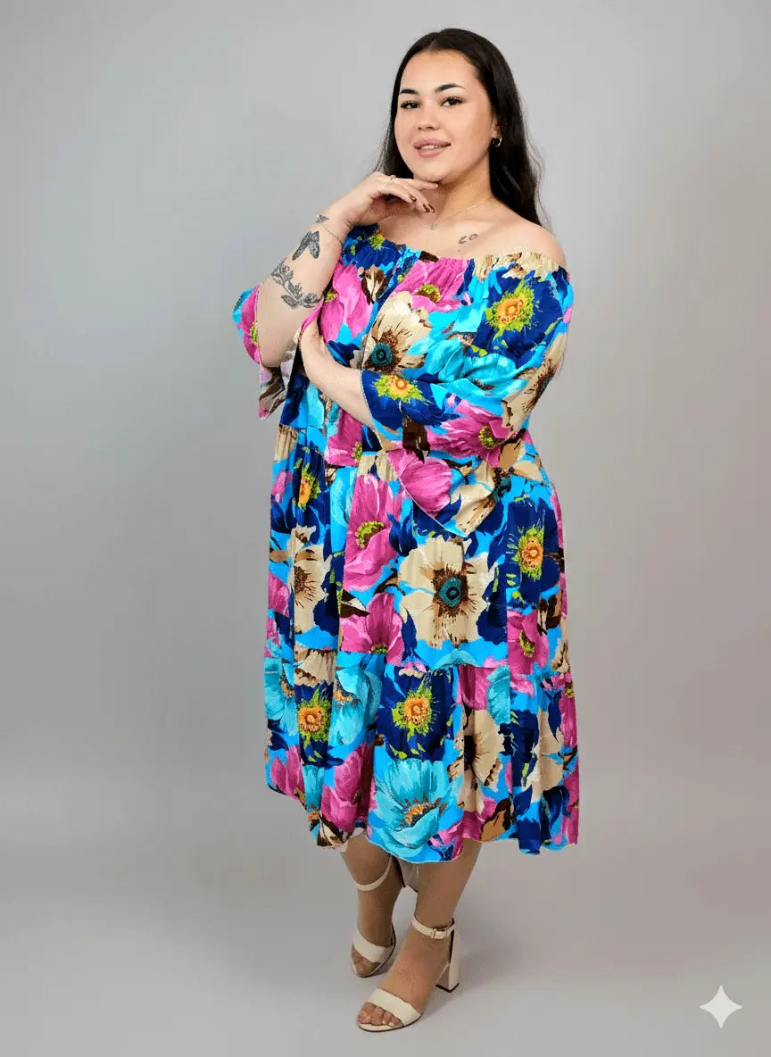 Sukienka plus size w kwiaty – hiszpanka z falbaną, kolorowa i lekka Stylowa XL