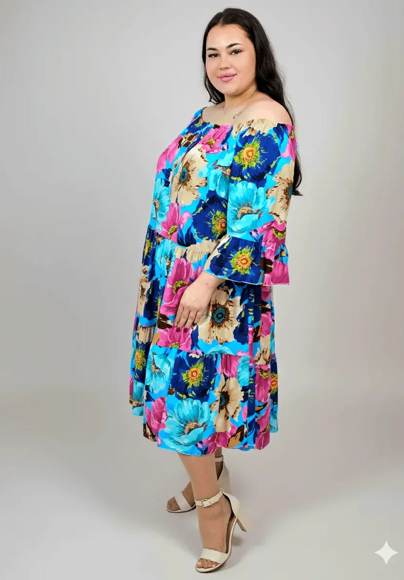 Sukienka plus size w kwiaty – hiszpanka z falbaną, kolorowa i lekka Stylowa XL
