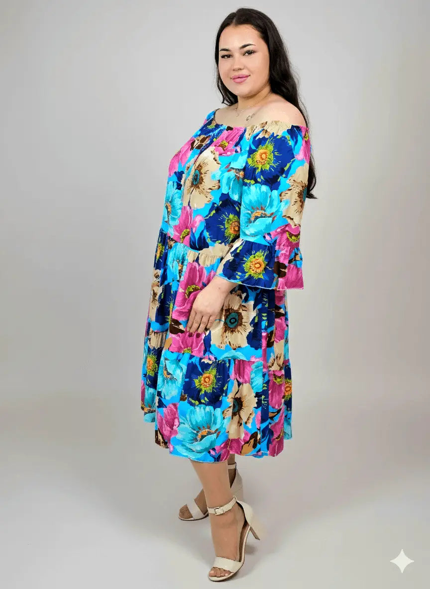 Sukienka plus size w kwiaty – hiszpanka z falbaną, kolorowa i lekka Stylowa XL