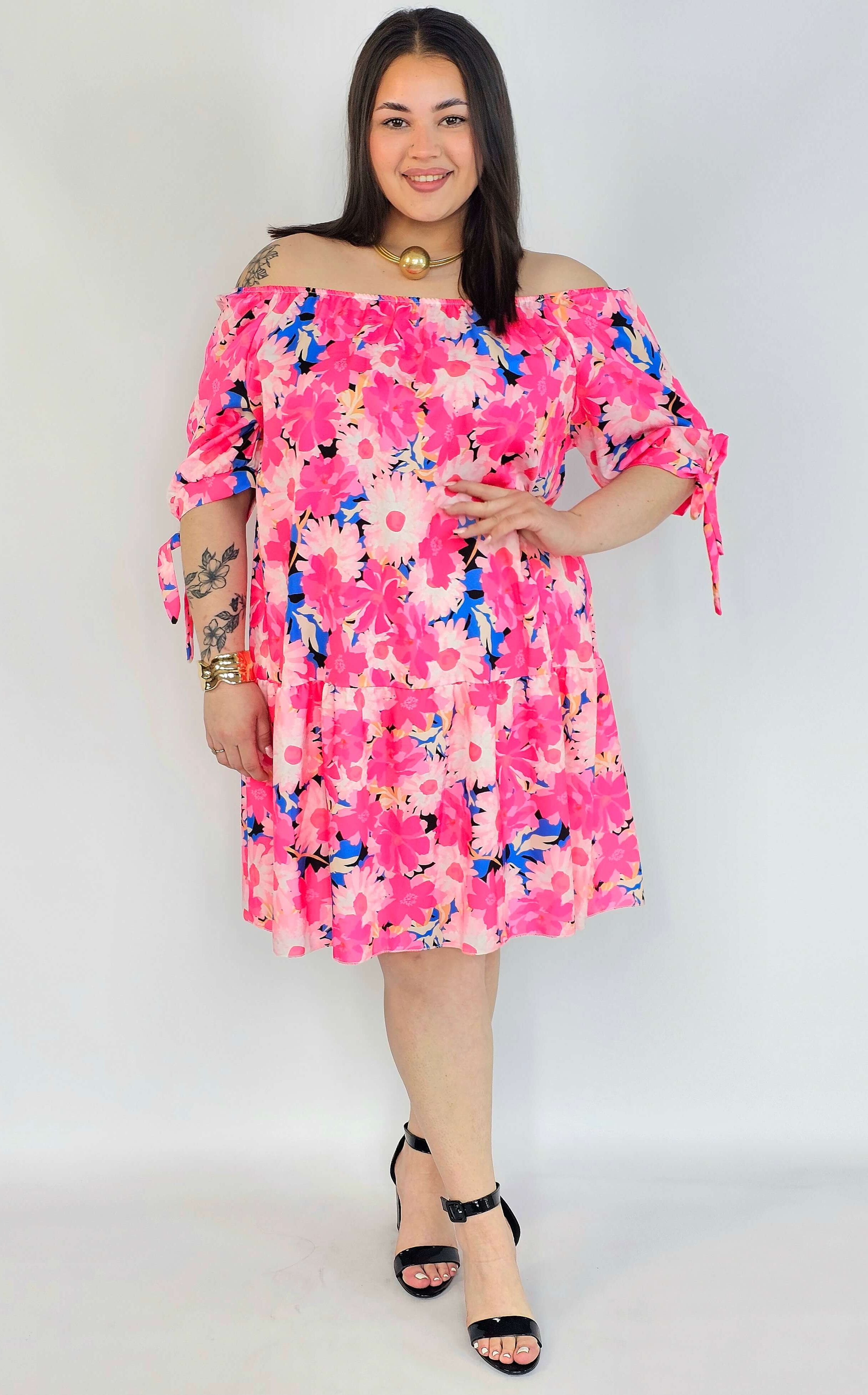 Sukienka plus size w kwiaty hiszpanka – różowa sukienka XXL damska Stylowa XL