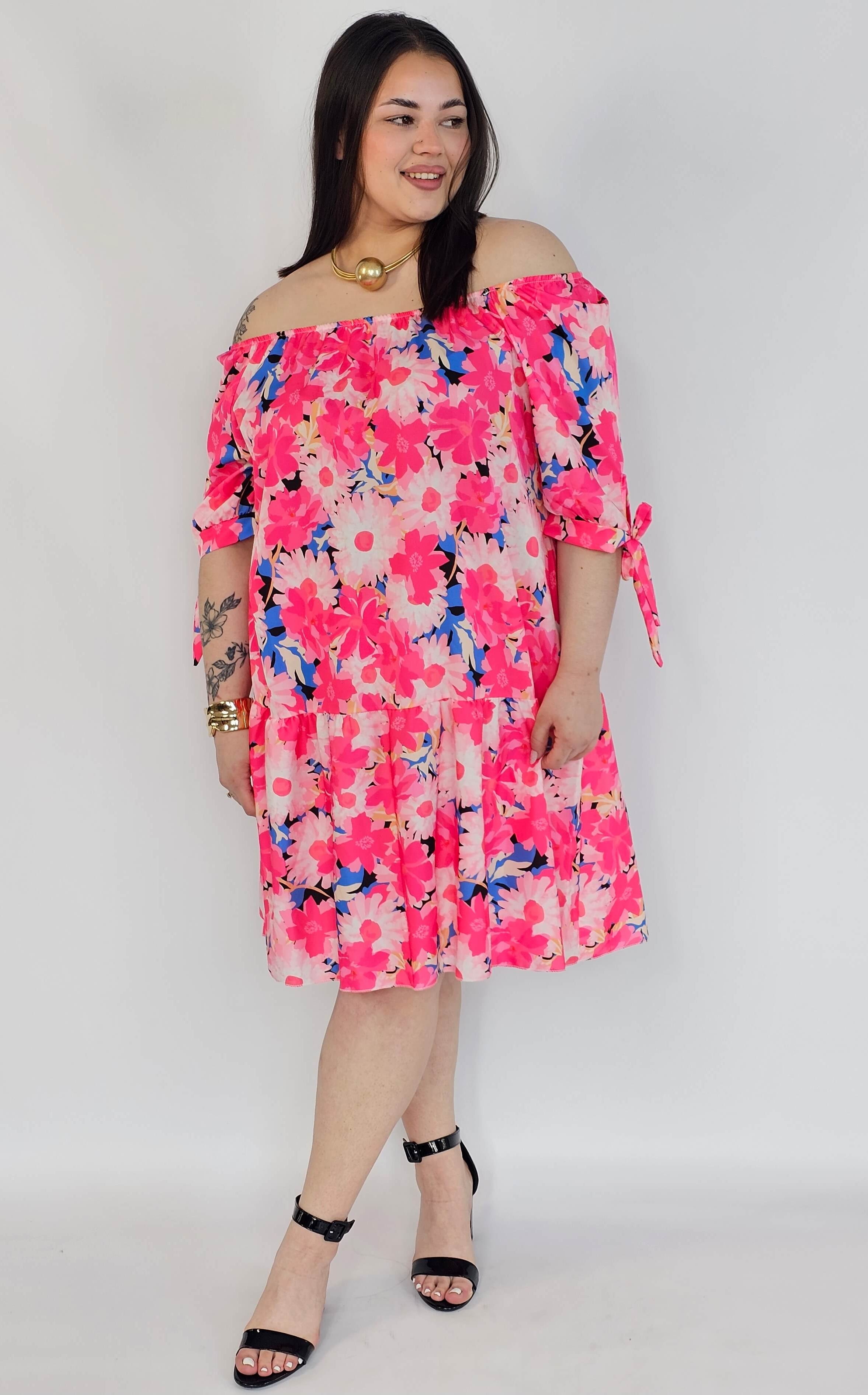 Sukienka plus size w kwiaty hiszpanka – różowa sukienka XXL damska Stylowa XL