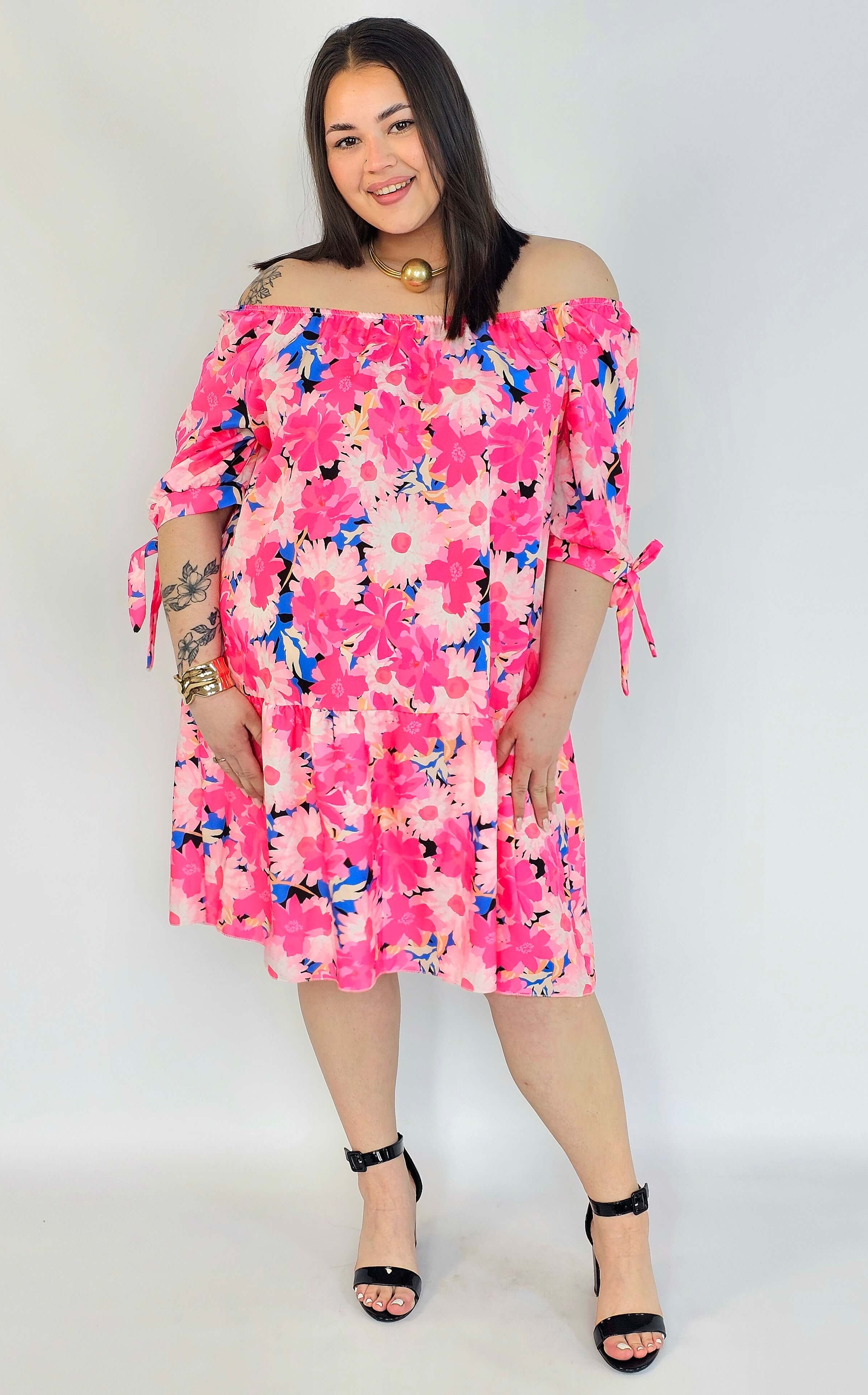 Sukienka plus size w kwiaty hiszpanka – różowa sukienka XXL damska Stylowa XL