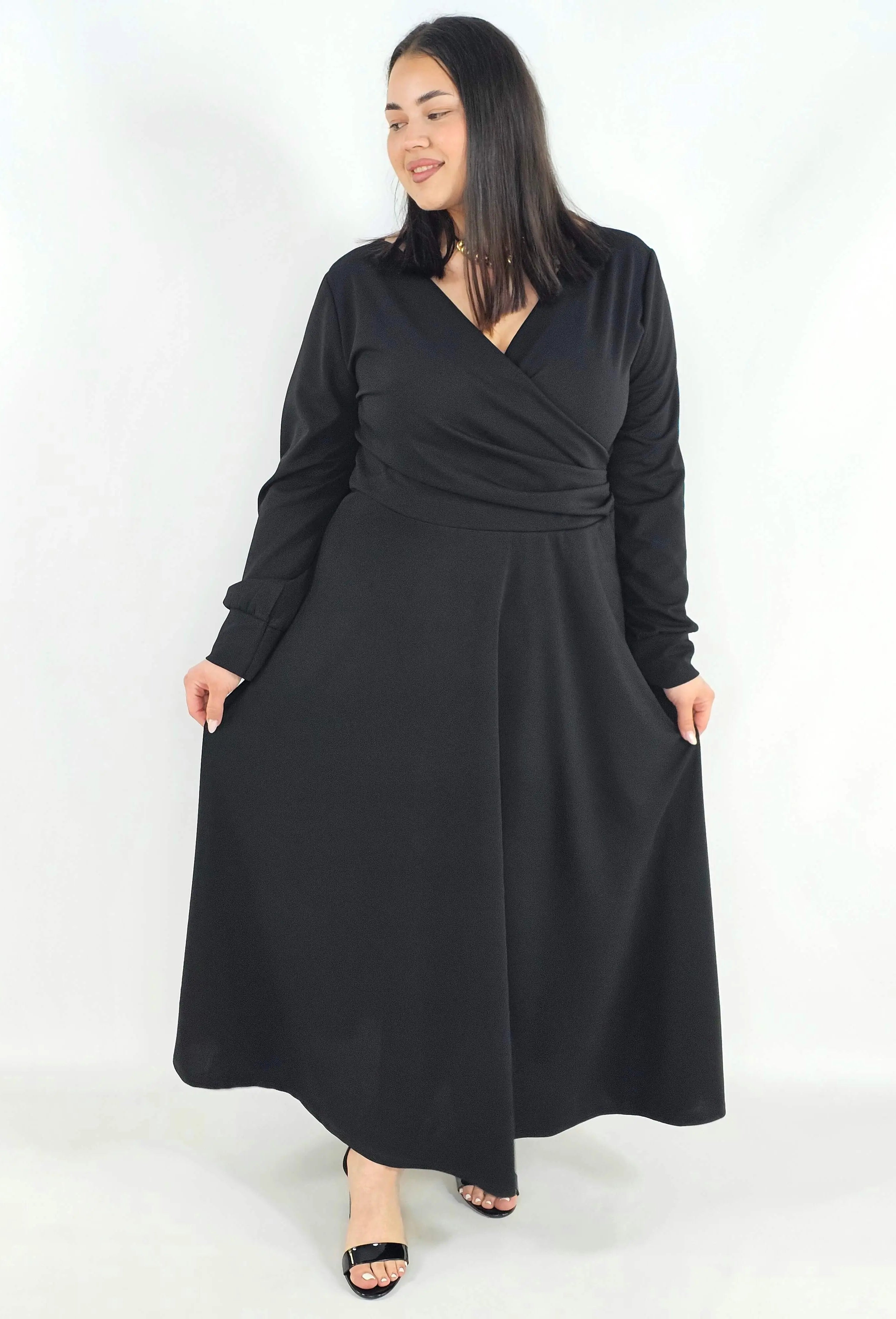 Sukienka plus size z kopertowym dekoltem – elegancka sukienka damska XXL z długim rękawem Stylowa XL