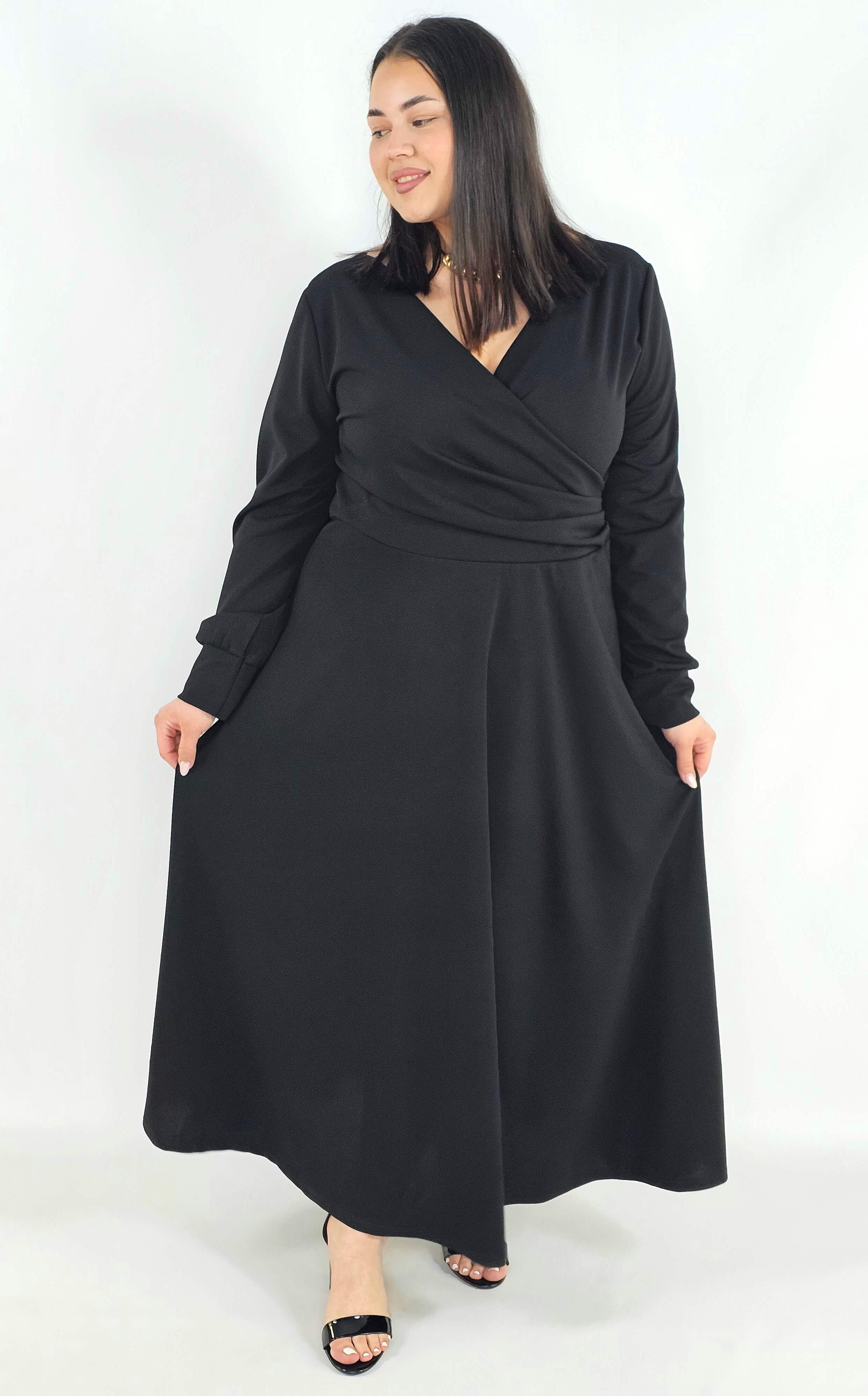 Sukienka plus size z kopertowym dekoltem – elegancka sukienka damska XXL z długim rękawem Stylowa XL
