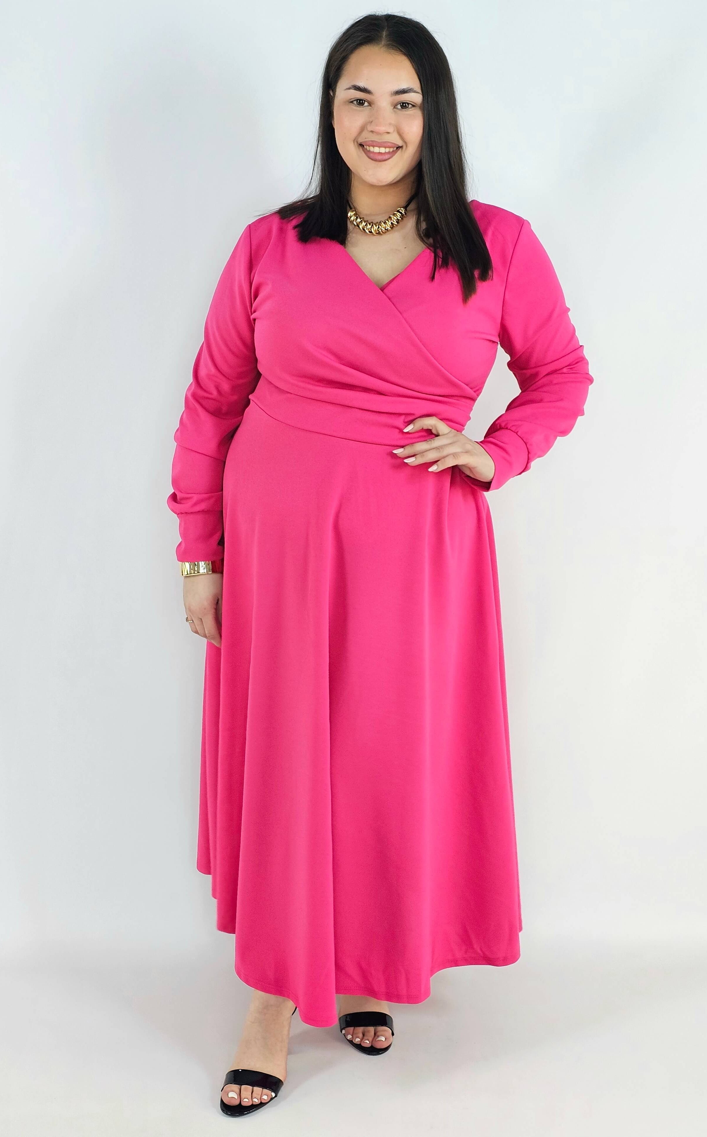 Sukienka plus size z kopertowym dekoltem – elegancka sukienka damska XXL z długim rękawem Stylowa XL