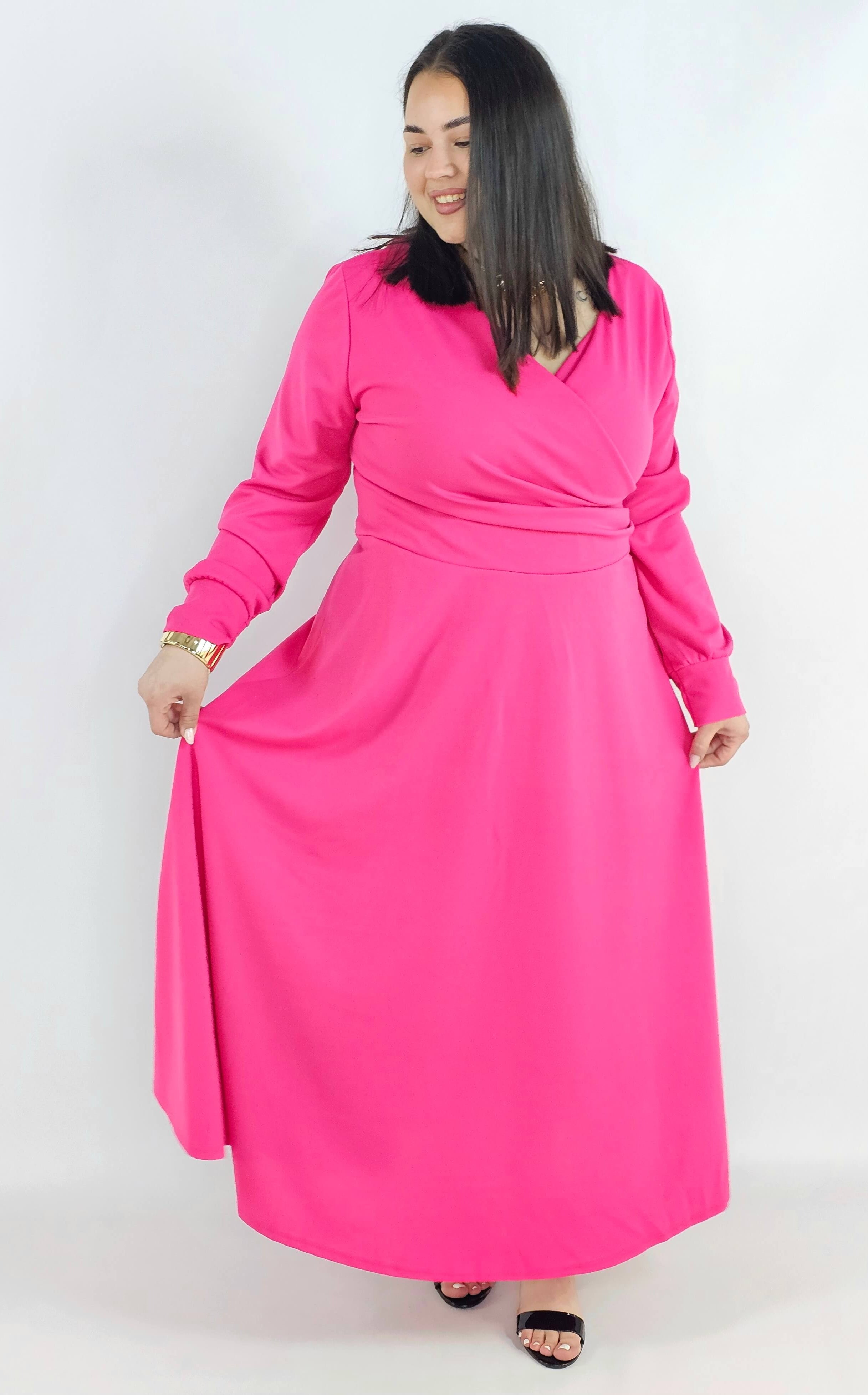 Sukienka plus size z kopertowym dekoltem – elegancka sukienka damska XXL z długim rękawem Stylowa XL