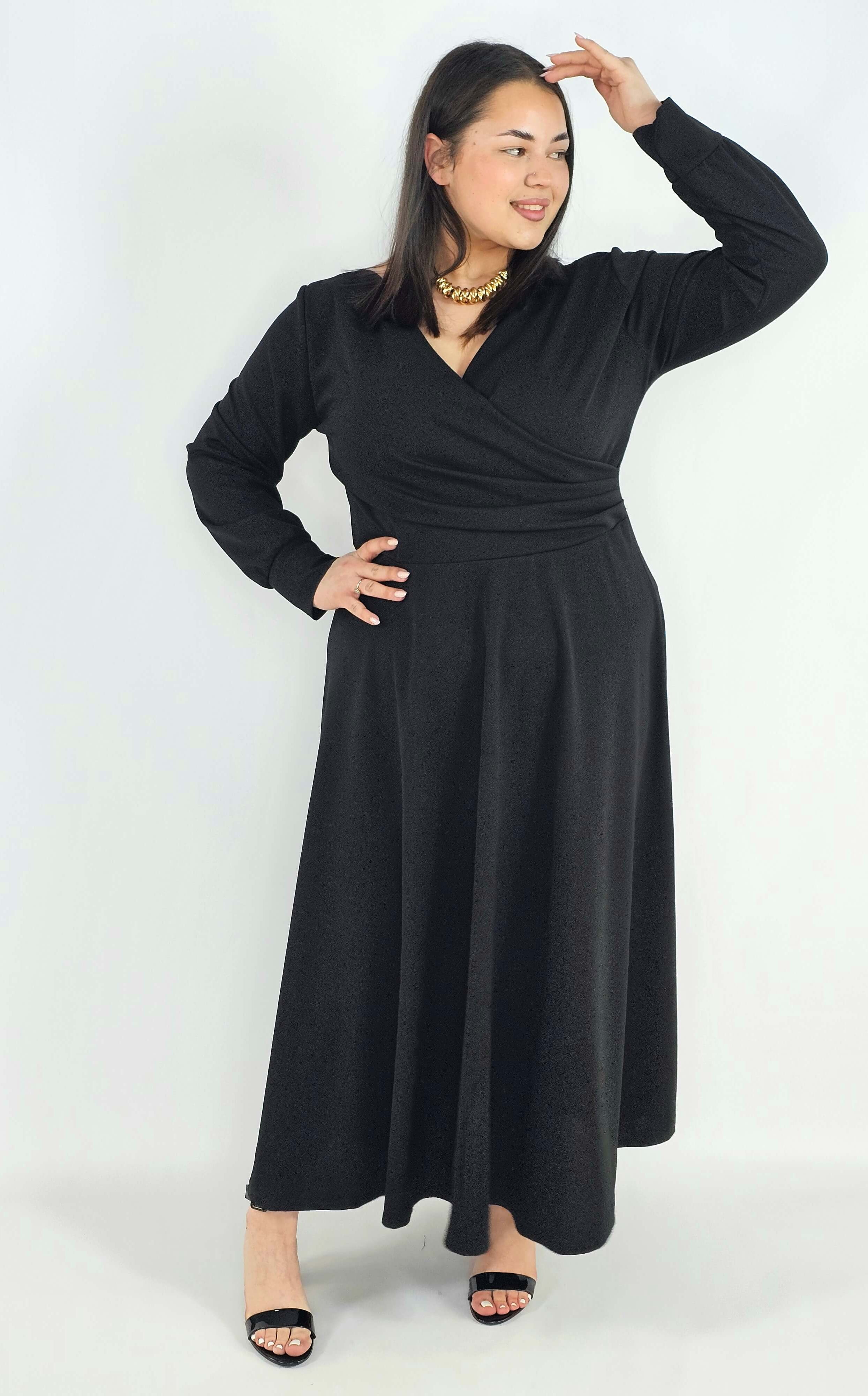 Sukienka plus size z kopertowym dekoltem – elegancka sukienka damska XXL z długim rękawem Stylowa XL