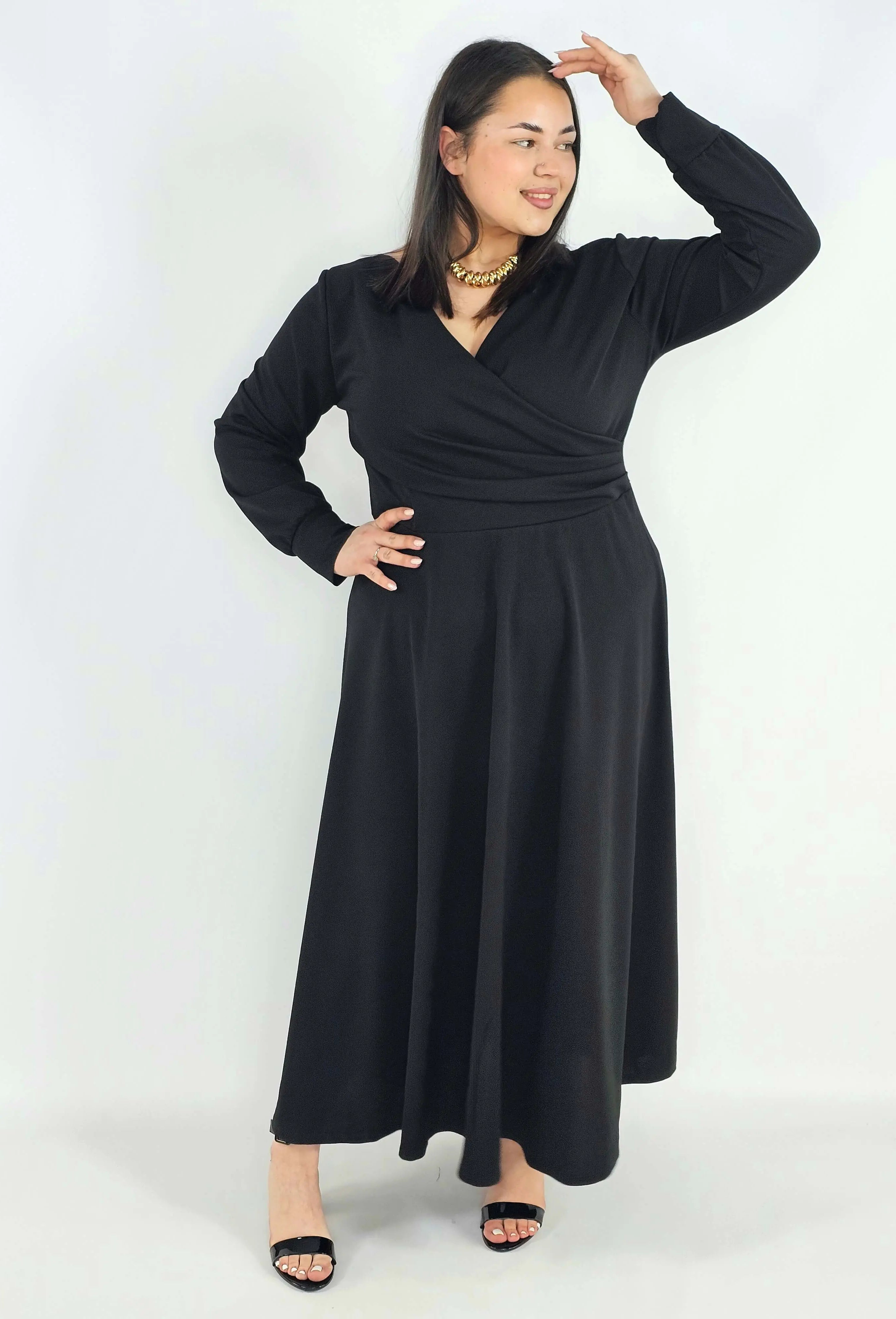 Sukienka plus size z kopertowym dekoltem – elegancka sukienka damska XXL z długim rękawem Stylowa XL