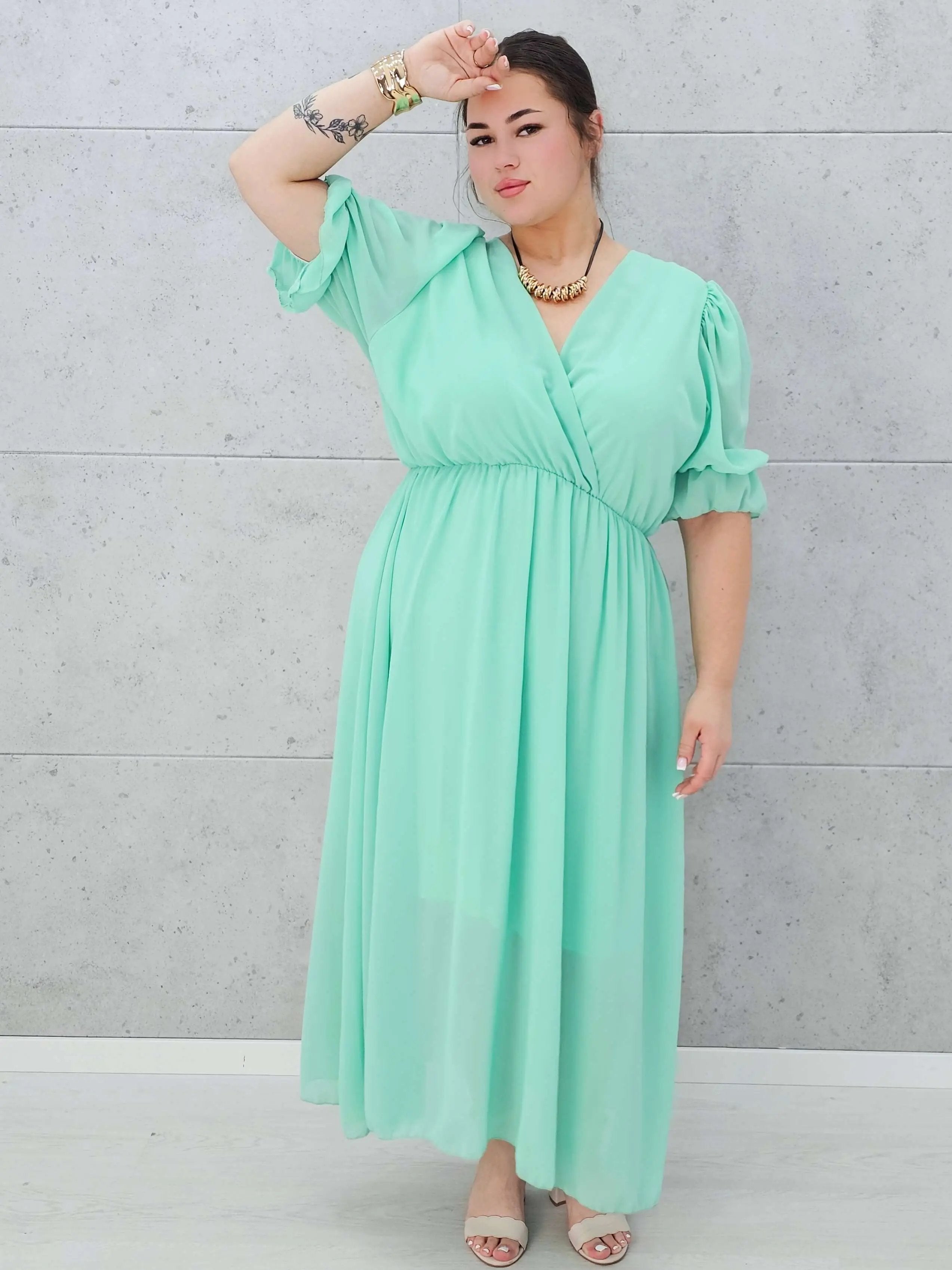 Sukienka szyfonowa maxi z bufiastym rękawem – w wielu kolorach 🌸✨ Stylowa XL