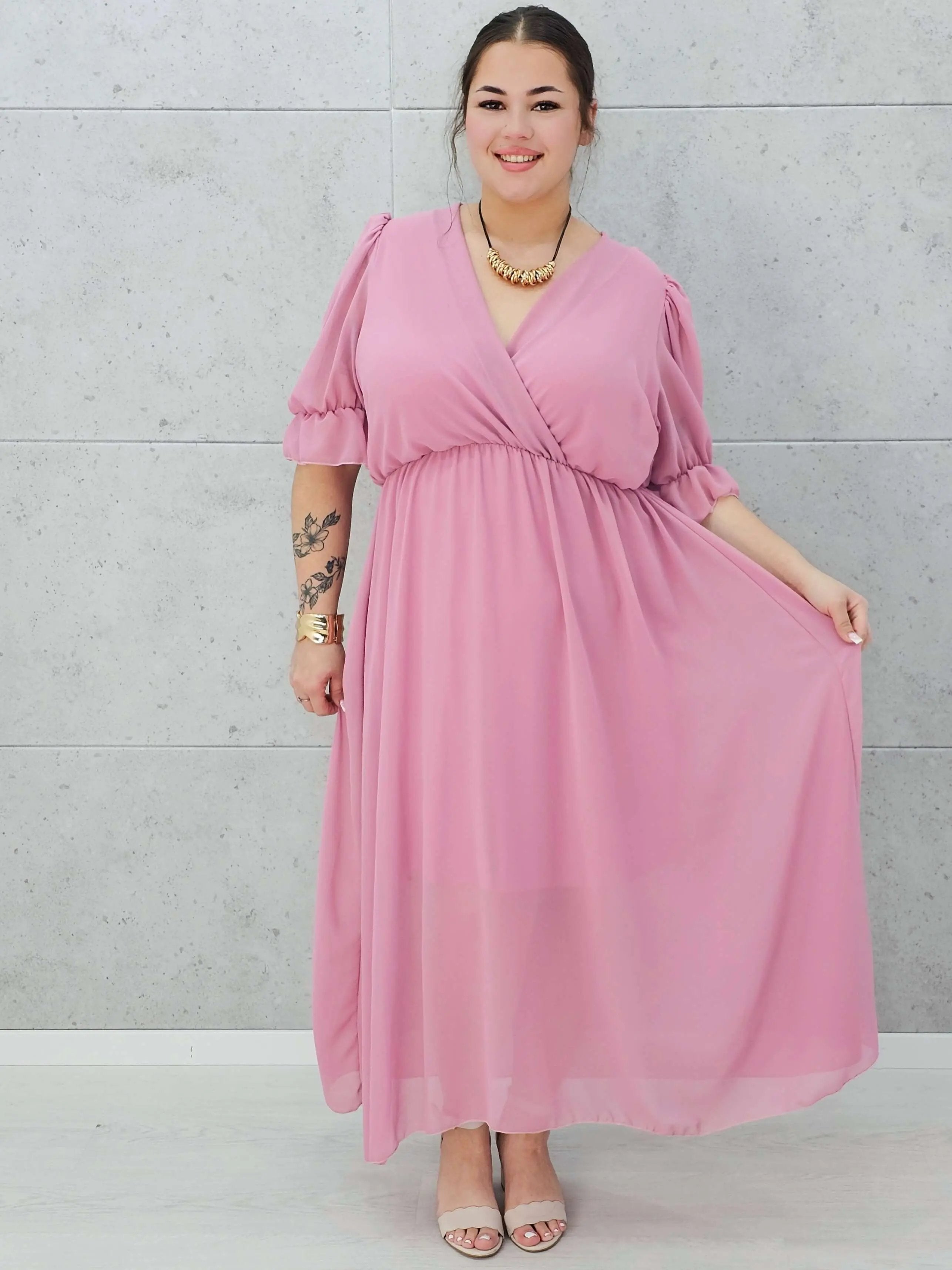 Sukienka szyfonowa maxi z bufiastym rękawem – w wielu kolorach 🌸✨ Stylowa XL