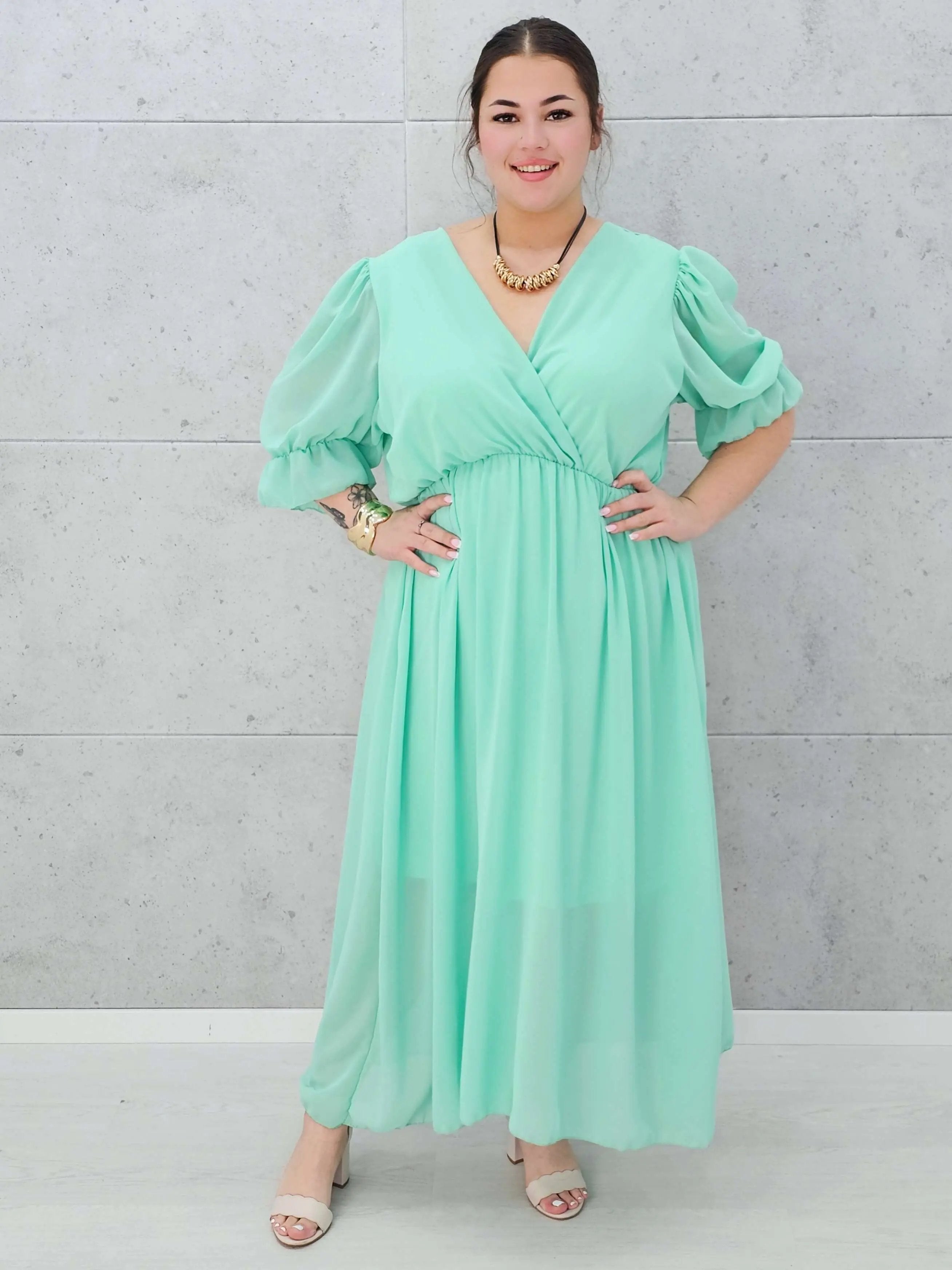 Sukienka szyfonowa maxi z bufiastym rękawem – w wielu kolorach 🌸✨ Stylowa XL