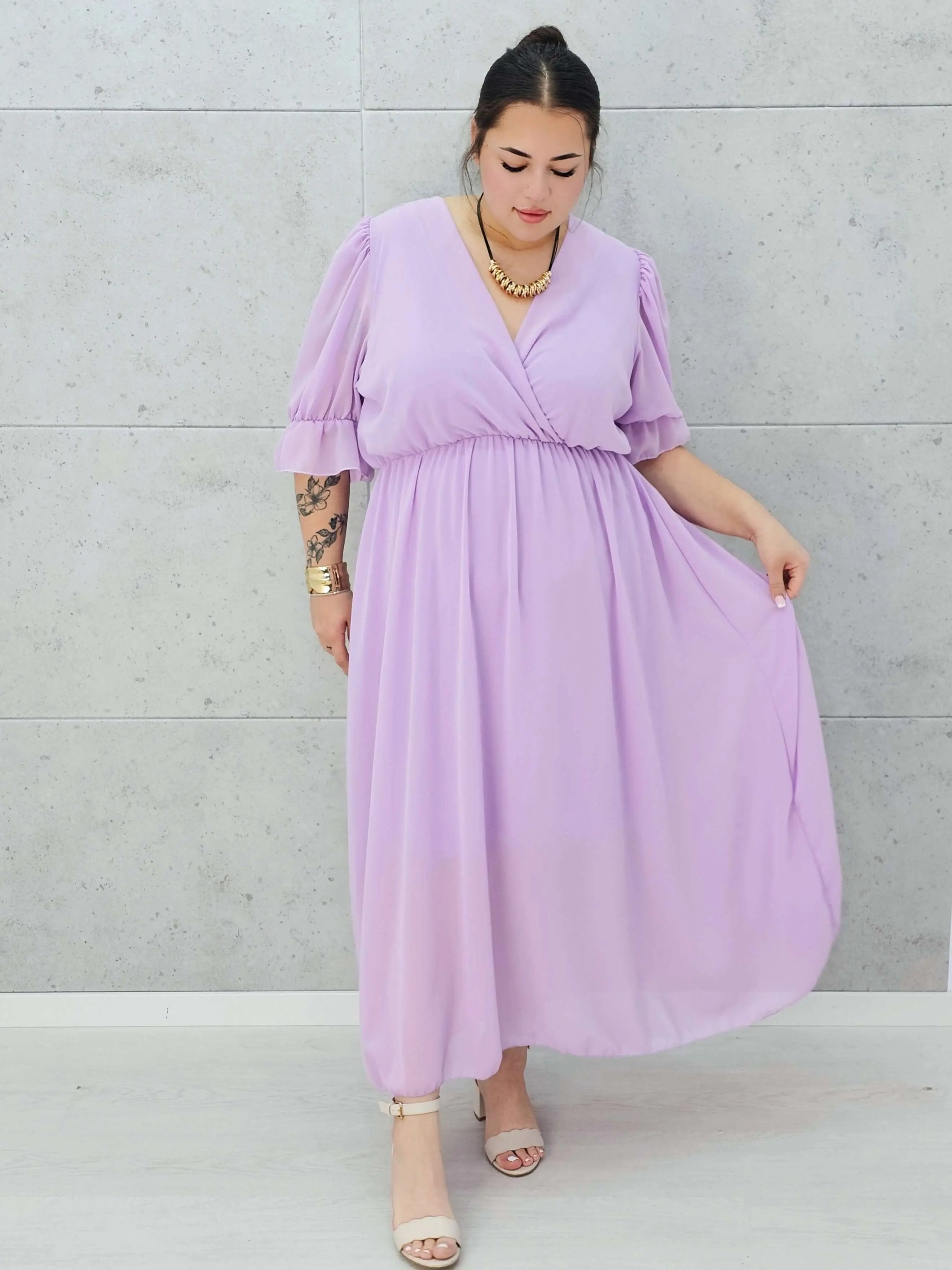 Sukienka szyfonowa maxi z bufiastym rękawem – w wielu kolorach 🌸✨ Stylowa XL