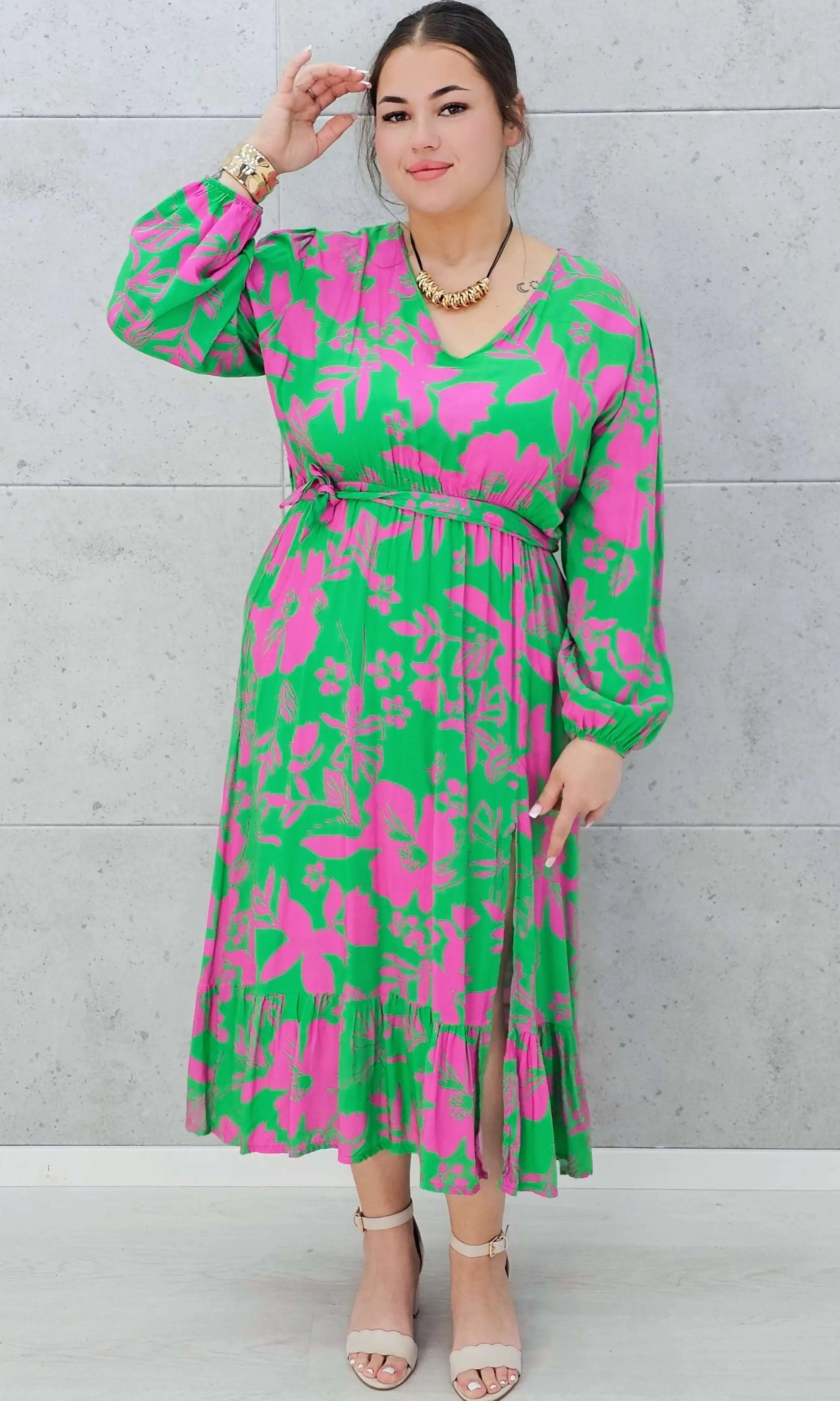 Sukienka w zielono-różowy print Stylowa XL