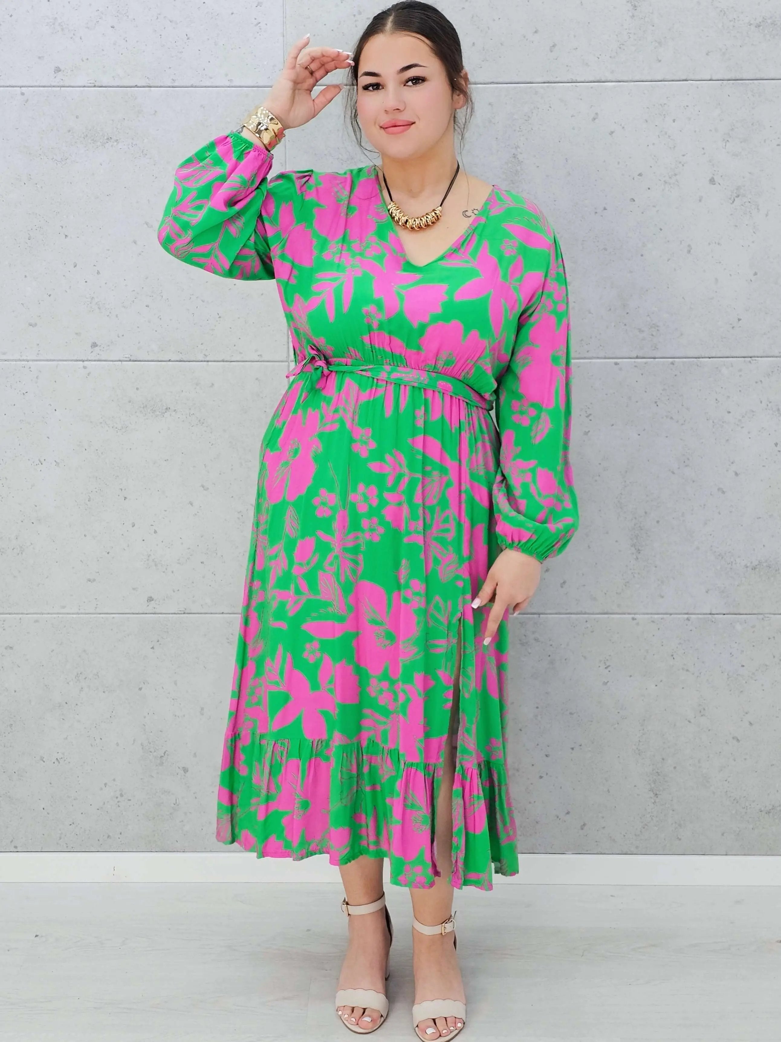 Sukienka w zielono-różowy print Stylowa XL