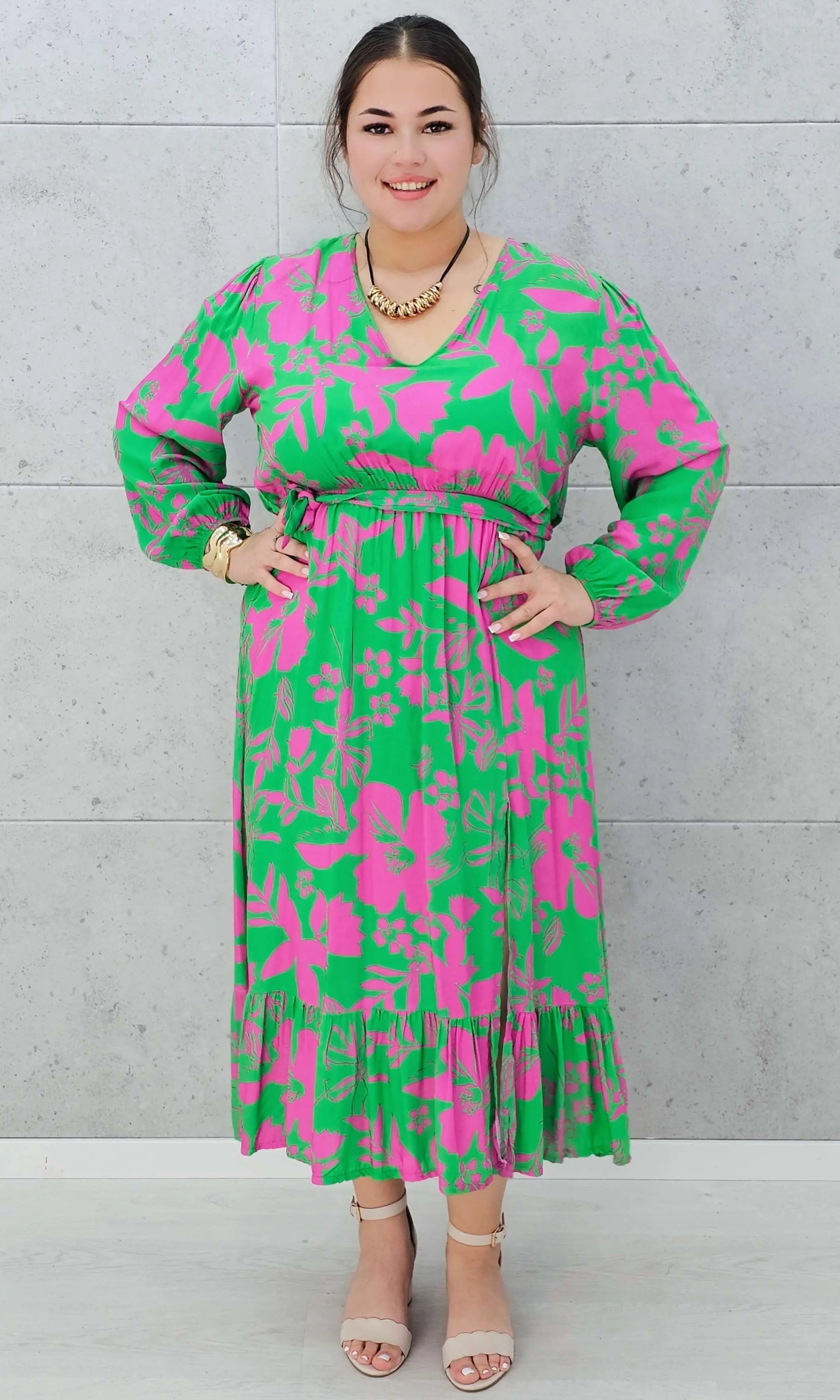 Sukienka w zielono-różowy print Stylowa XL