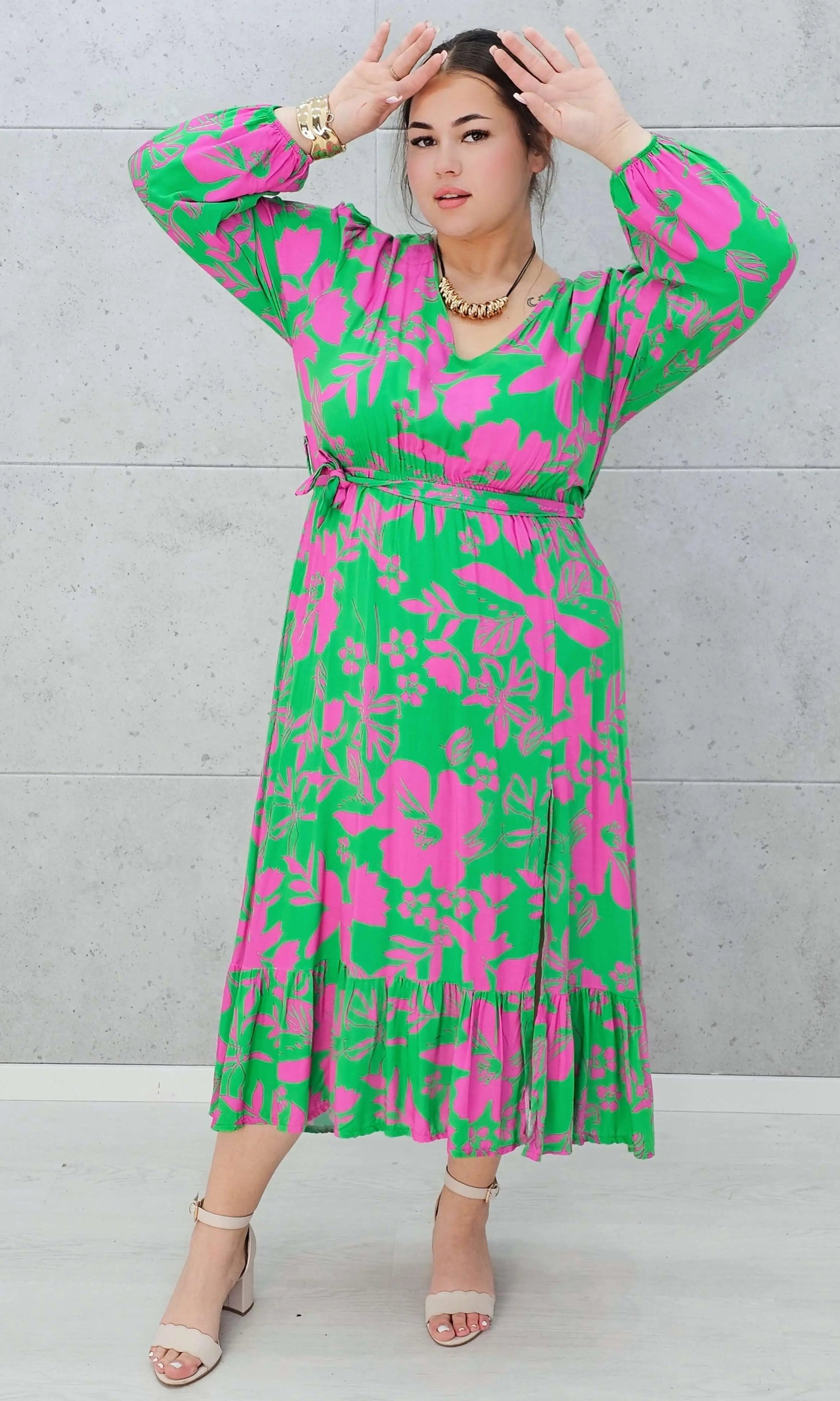 Sukienka w zielono-różowy print Stylowa XL