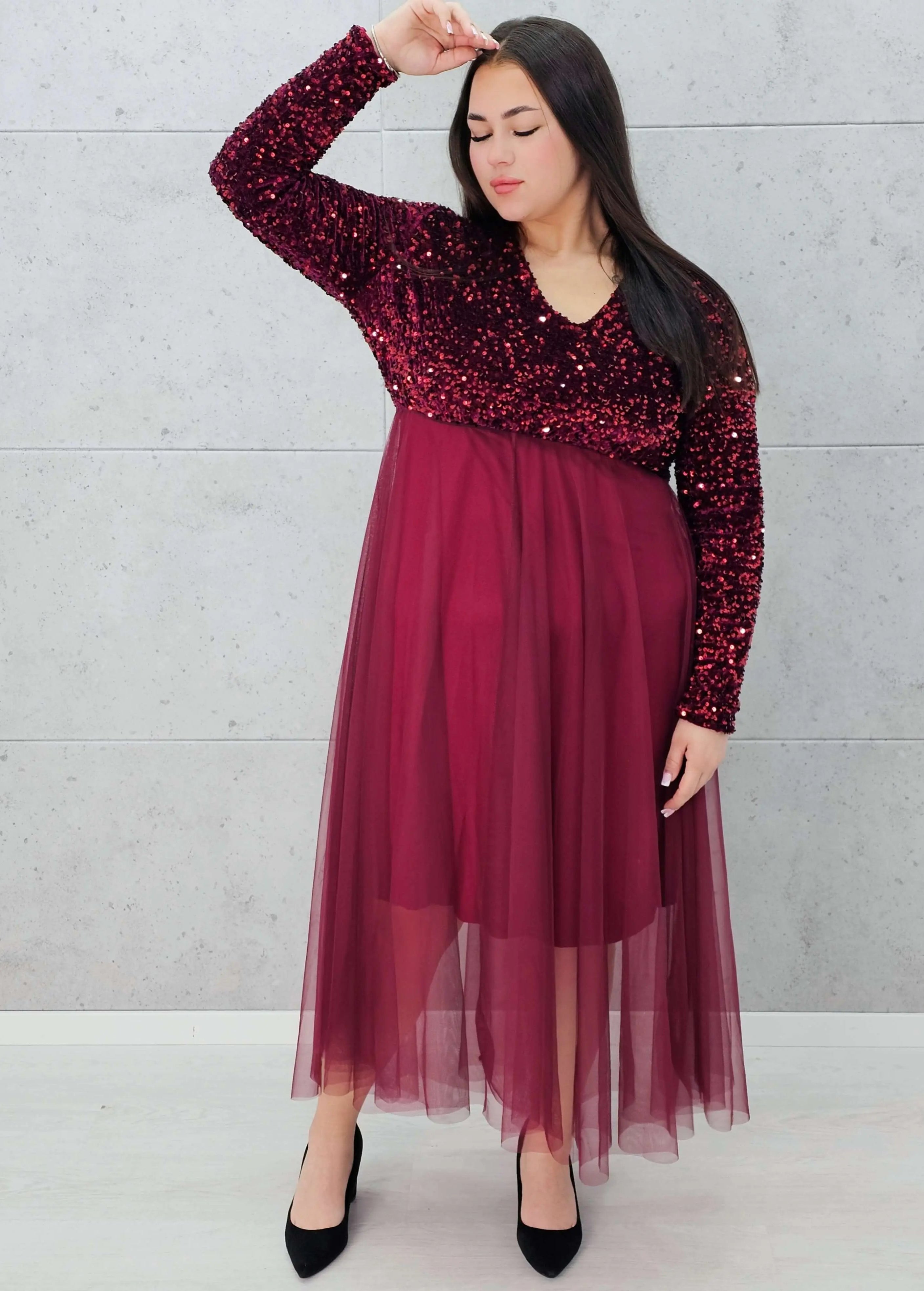 Sukienka wieczorowa z cekinową górą i tiulowym dołem Stylowa XL