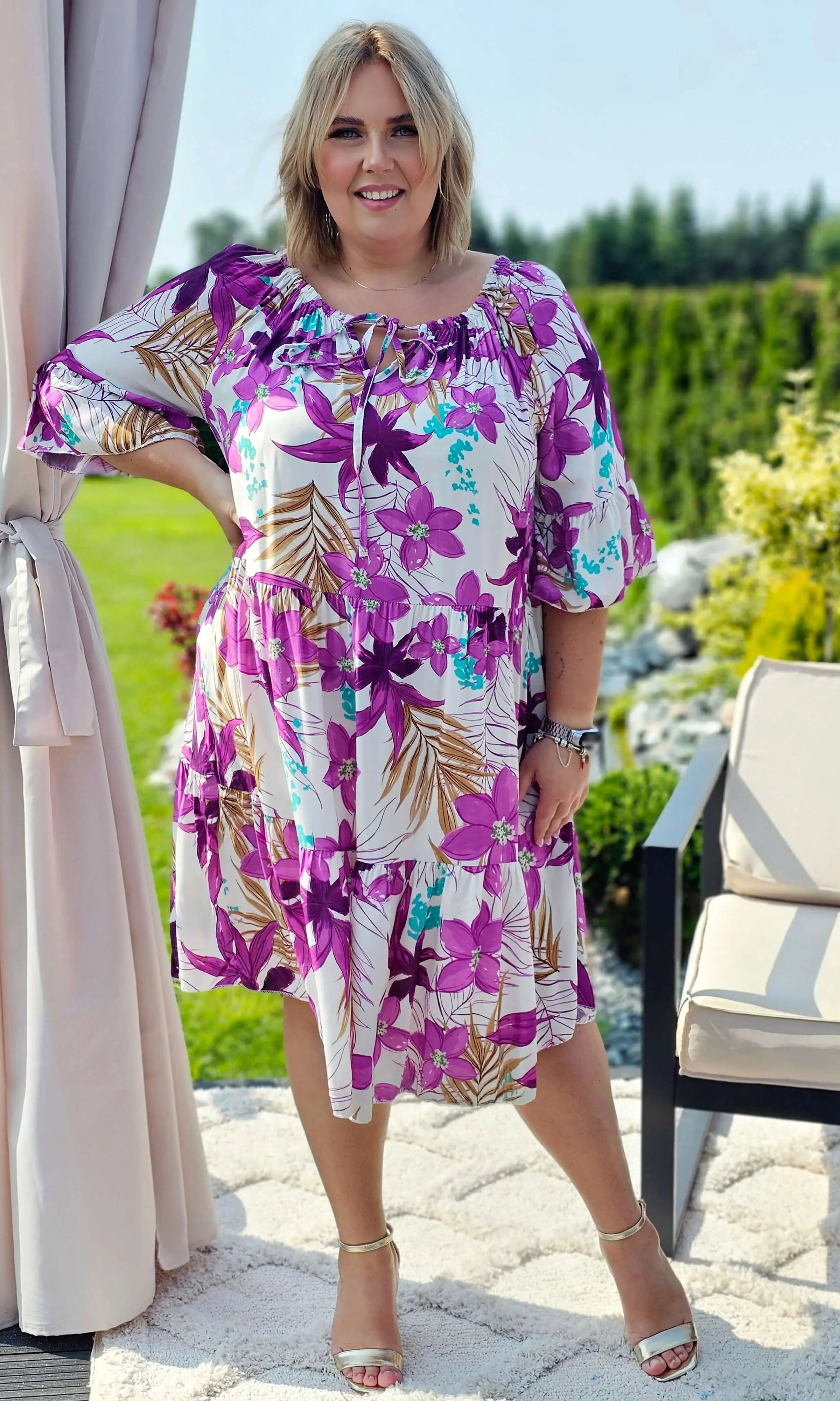 Sukienka z wiązaniem przy dekolcie - fioletowa Stylowa XL