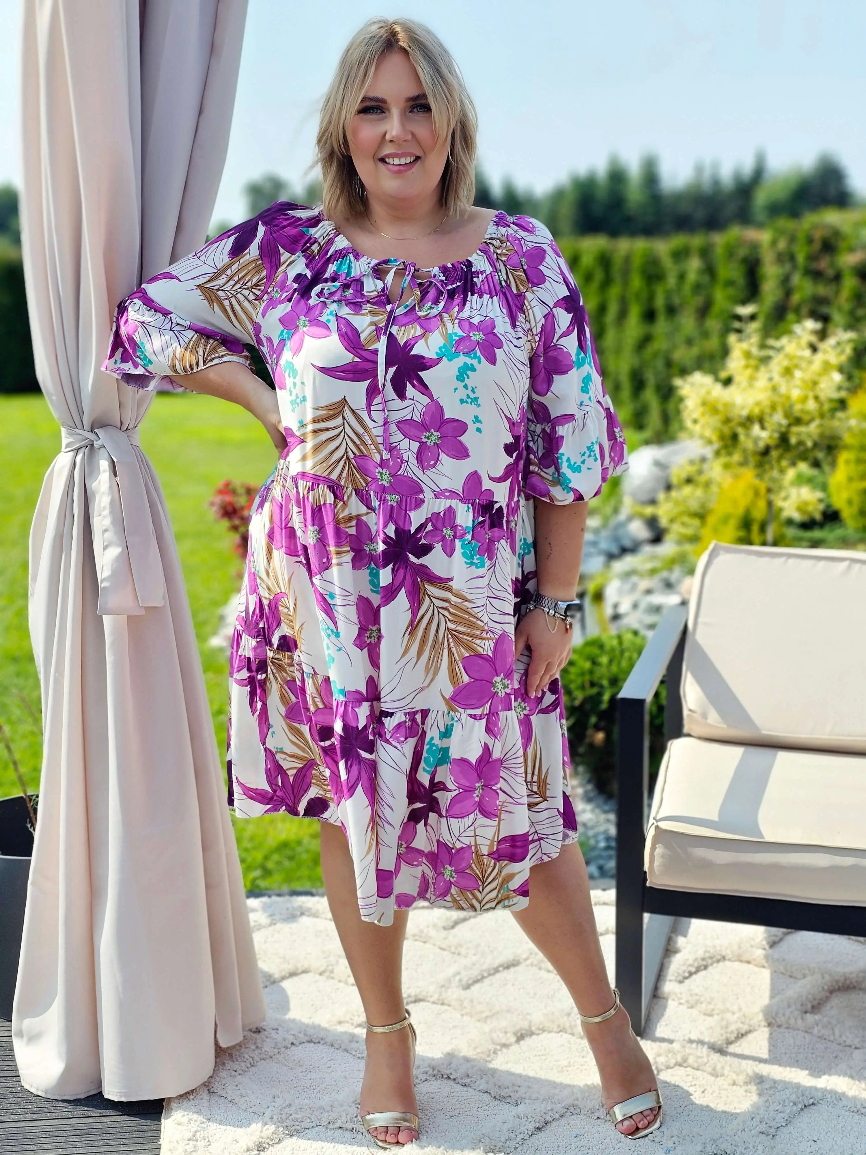 Sukienka z wiązaniem przy dekolcie - fioletowa Stylowa XL