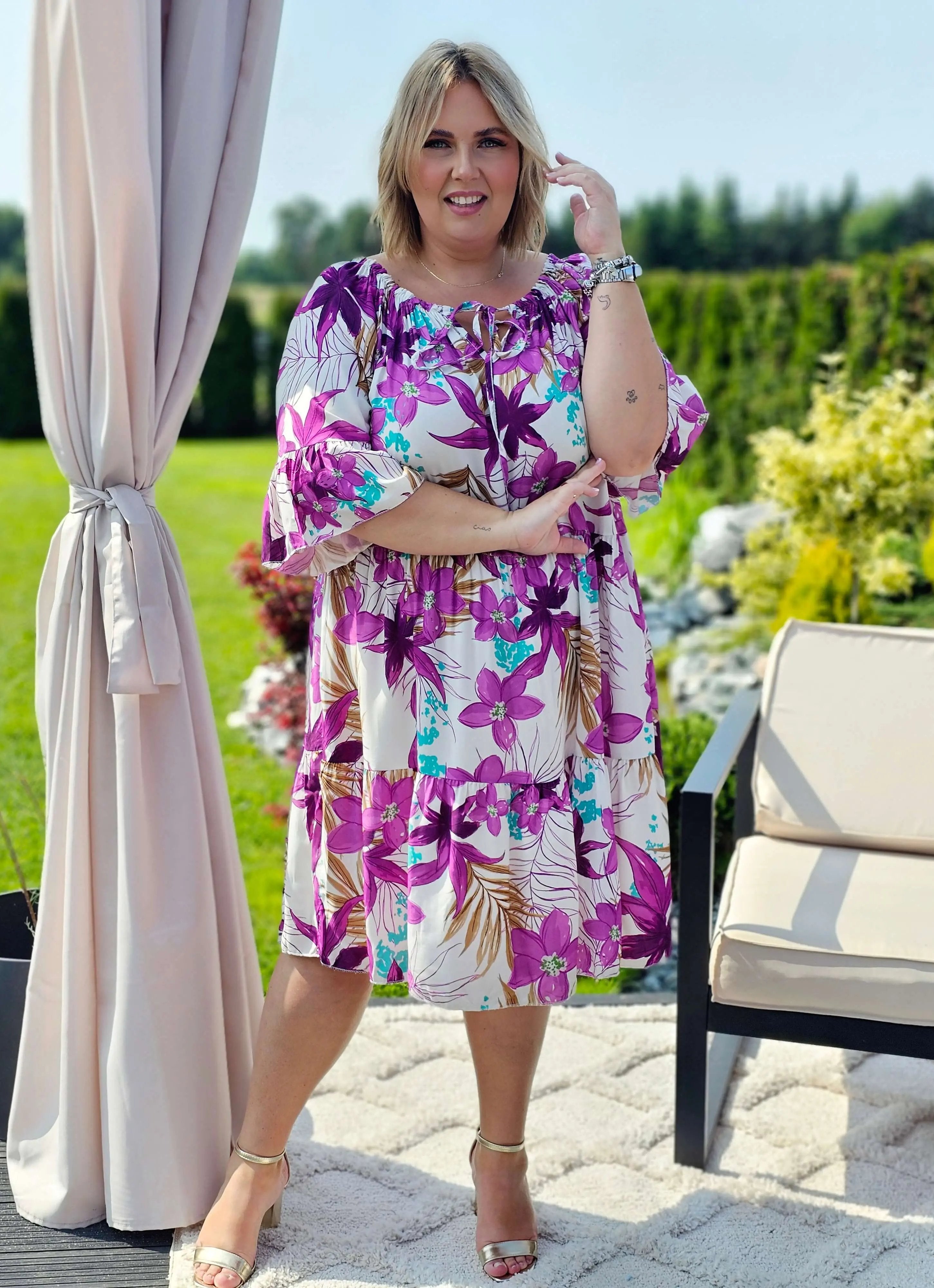 Sukienka z wiązaniem przy dekolcie - fioletowa Stylowa XL