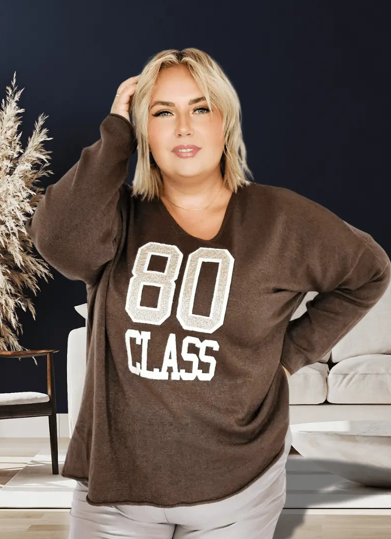 Sweter Damski "80 CLASS" z Dekoltem w Serek - Brąz Stylowa XL
