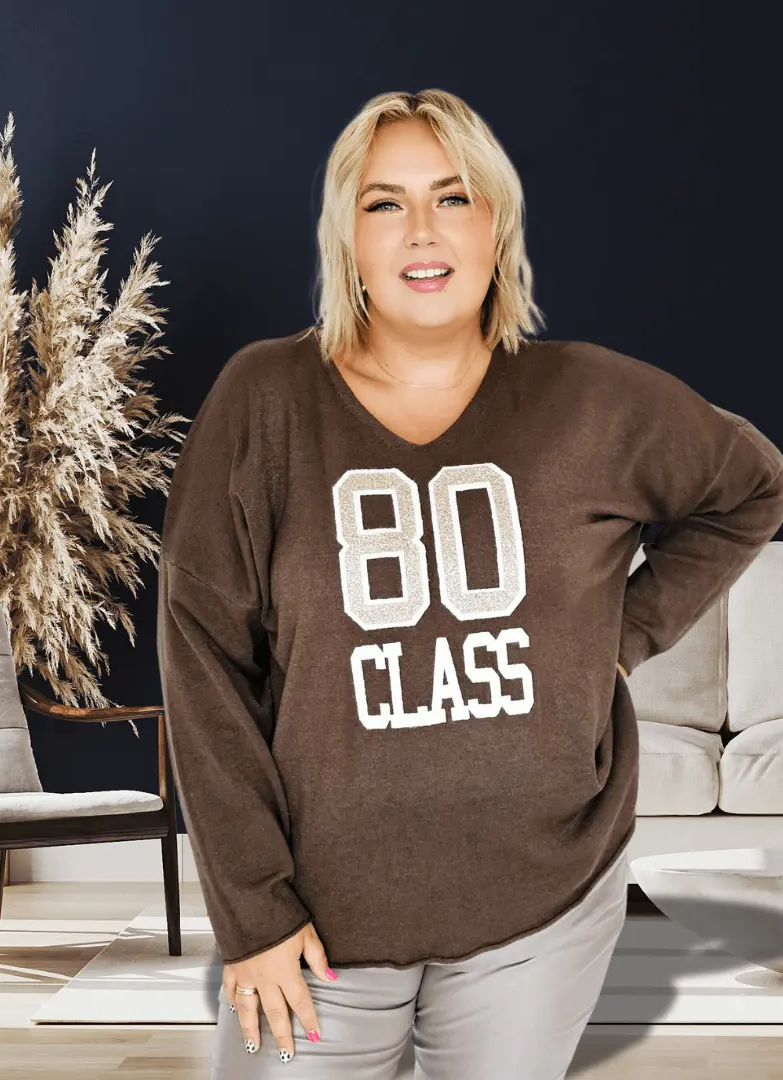 Sweter Damski "80 CLASS" z Dekoltem w Serek - Brąz Stylowa XL