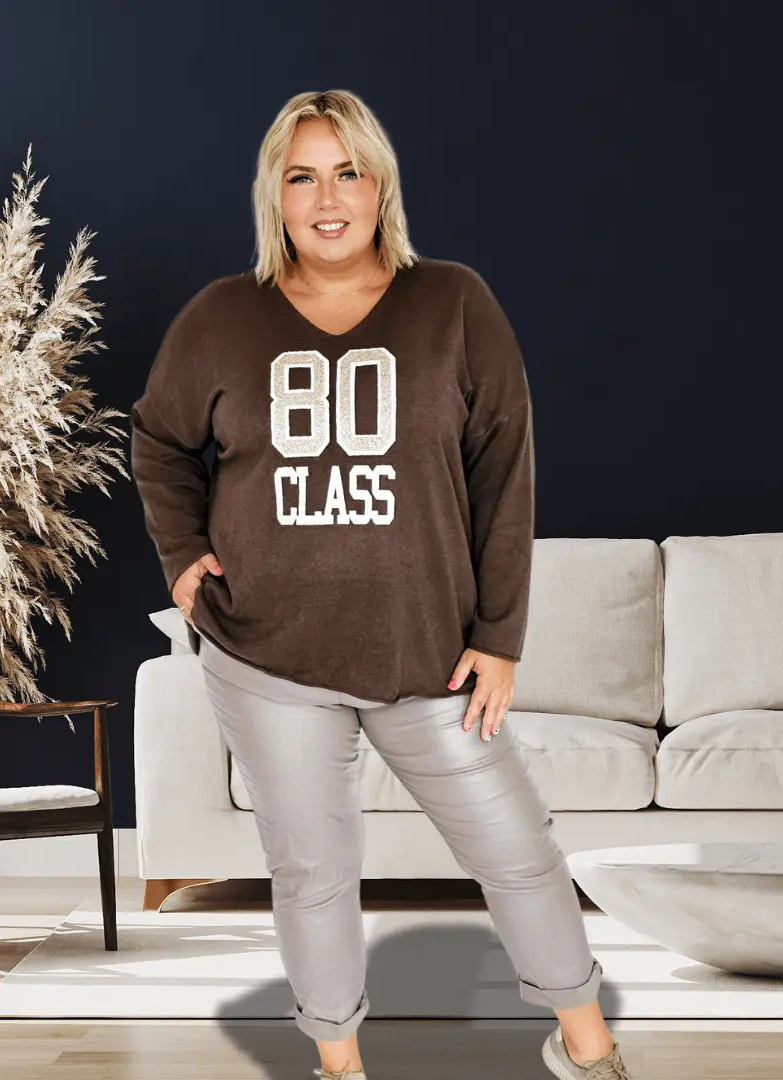 Sweter Damski "80 CLASS" z Dekoltem w Serek - Brąz Stylowa XL