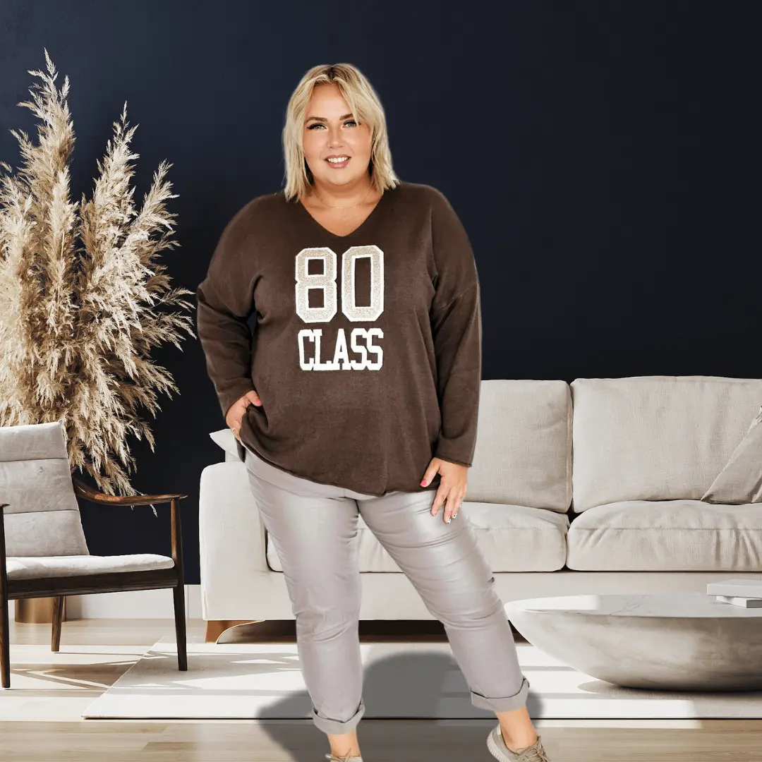 Sweter Damski "80 CLASS" z Dekoltem w Serek - Brąz Stylowa XL