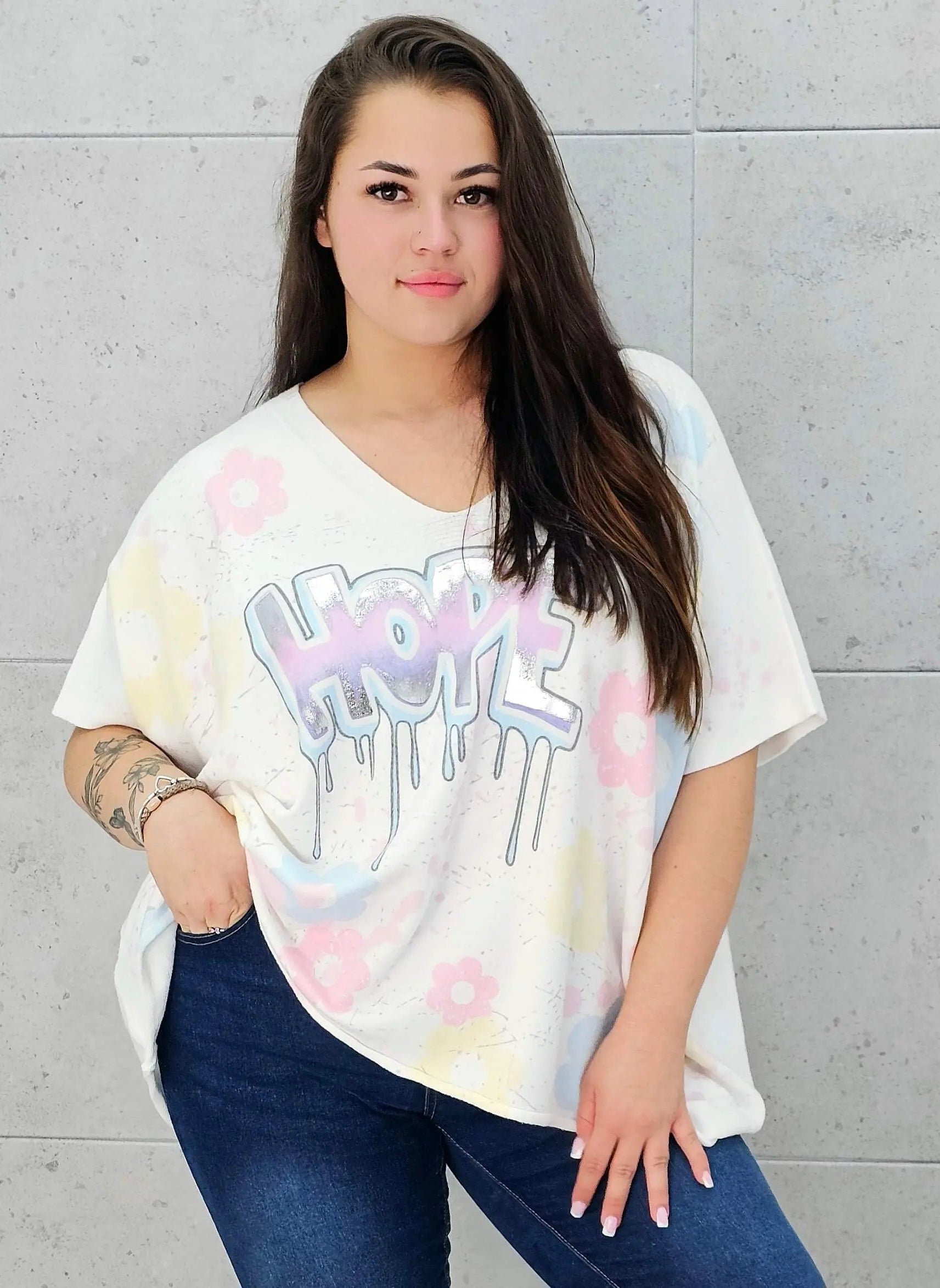 Sweter z krótkim rękawem z przodu aplikacja Stylowa XL