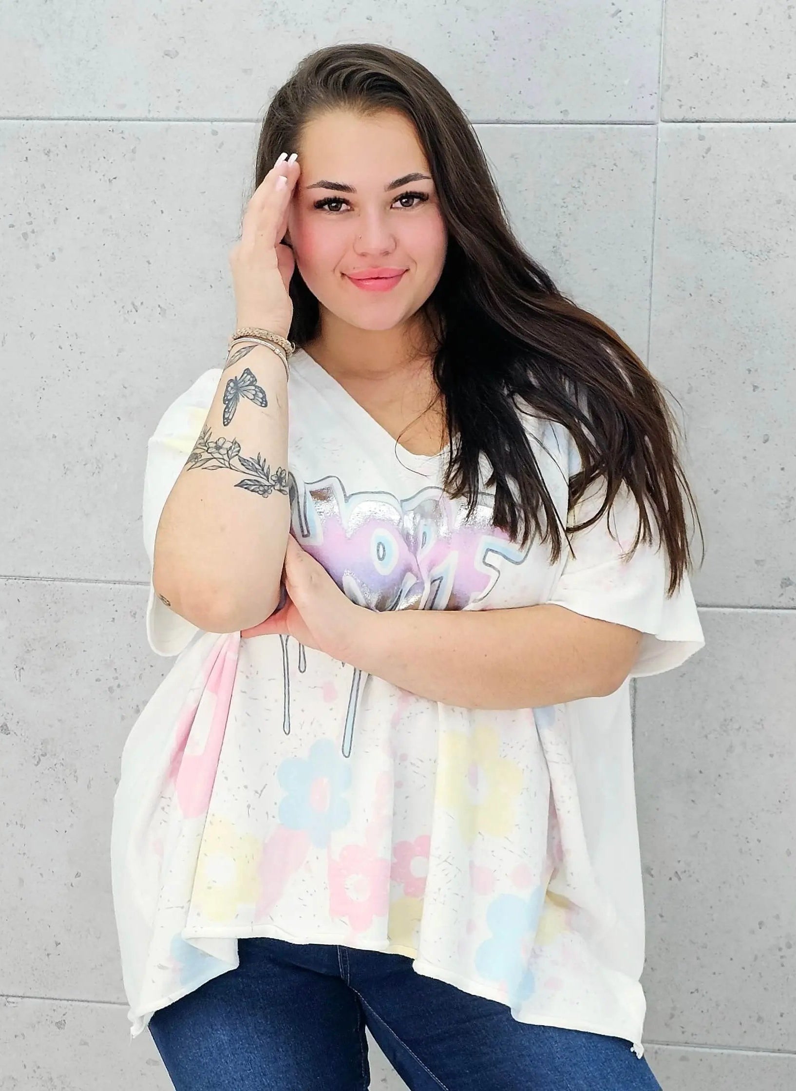 Sweter z krótkim rękawem z przodu aplikacja Stylowa XL