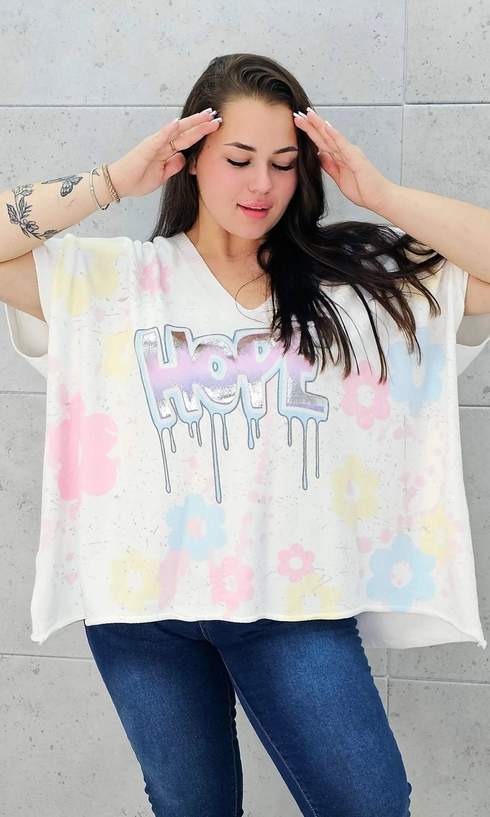 Sweter z krótkim rękawem z przodu aplikacja Stylowa XL