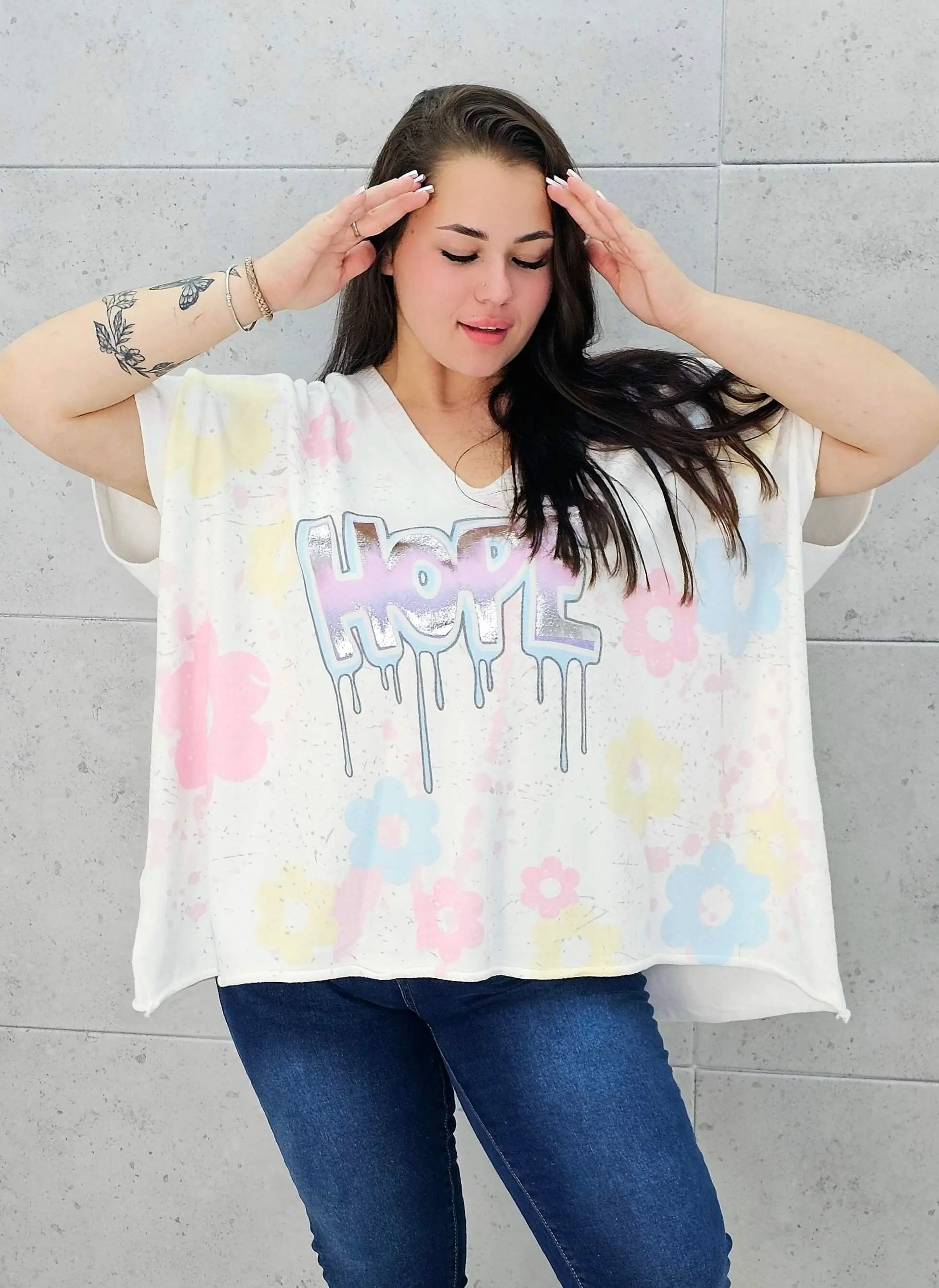 Sweter z krótkim rękawem z przodu aplikacja Stylowa XL