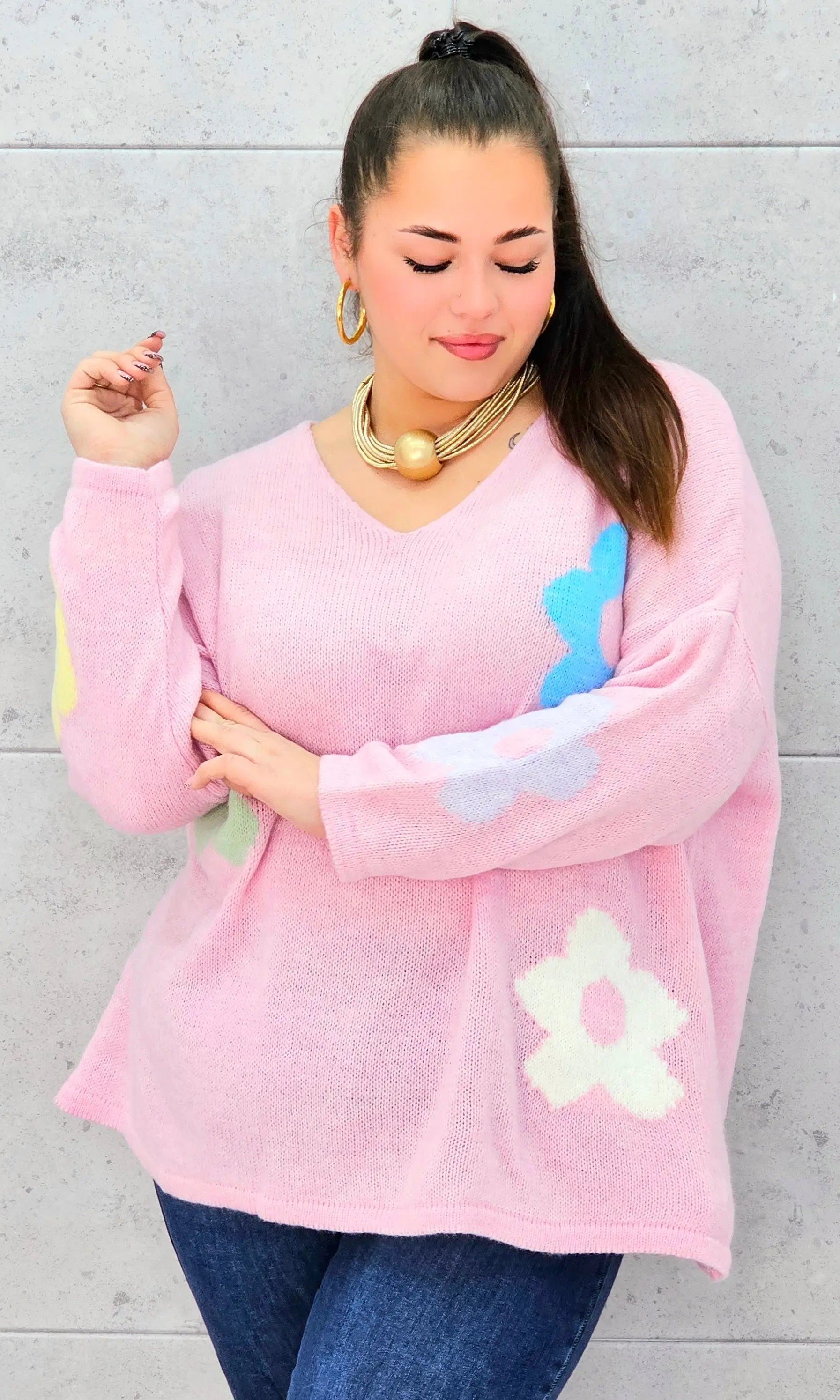 Sweter z kwiatami na przodzie Stylowa XL