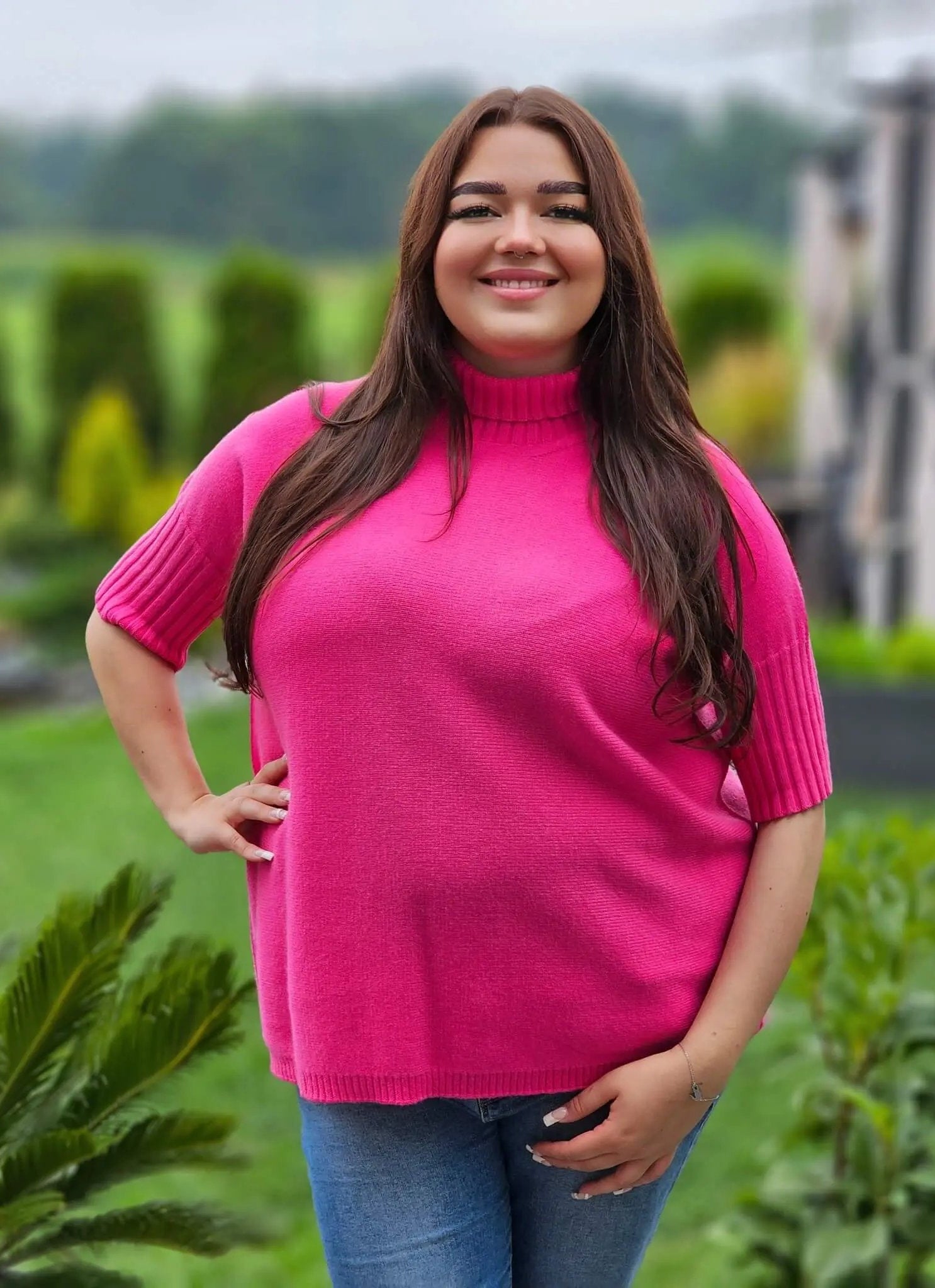 Sweterkowa bluzka z krótkim rękawem Stylowa XL