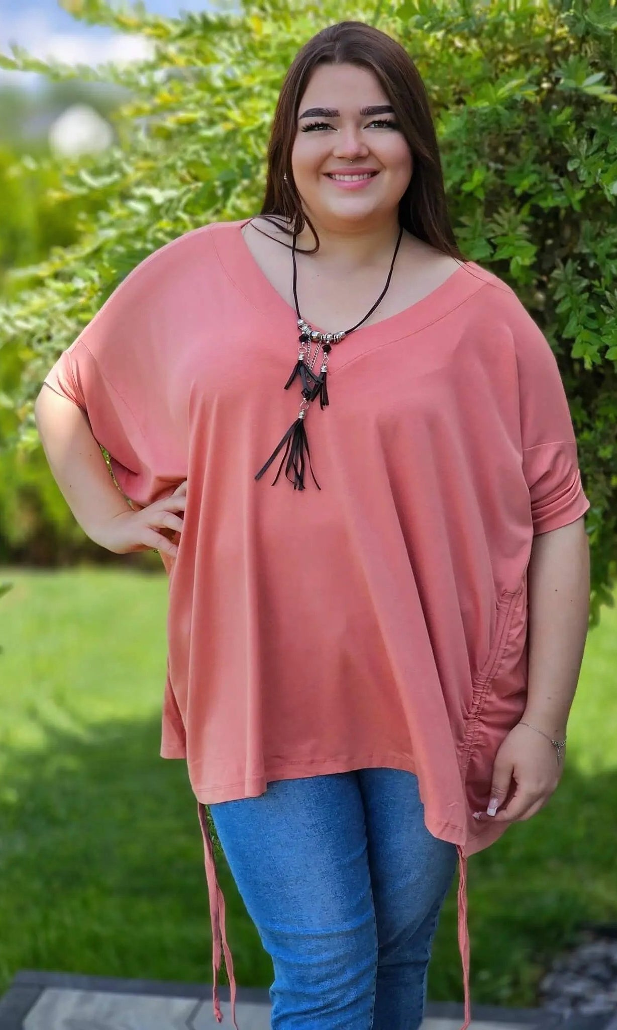 Świetna bluzka z marszczeniem na boku- łososiowa Stylowa XL