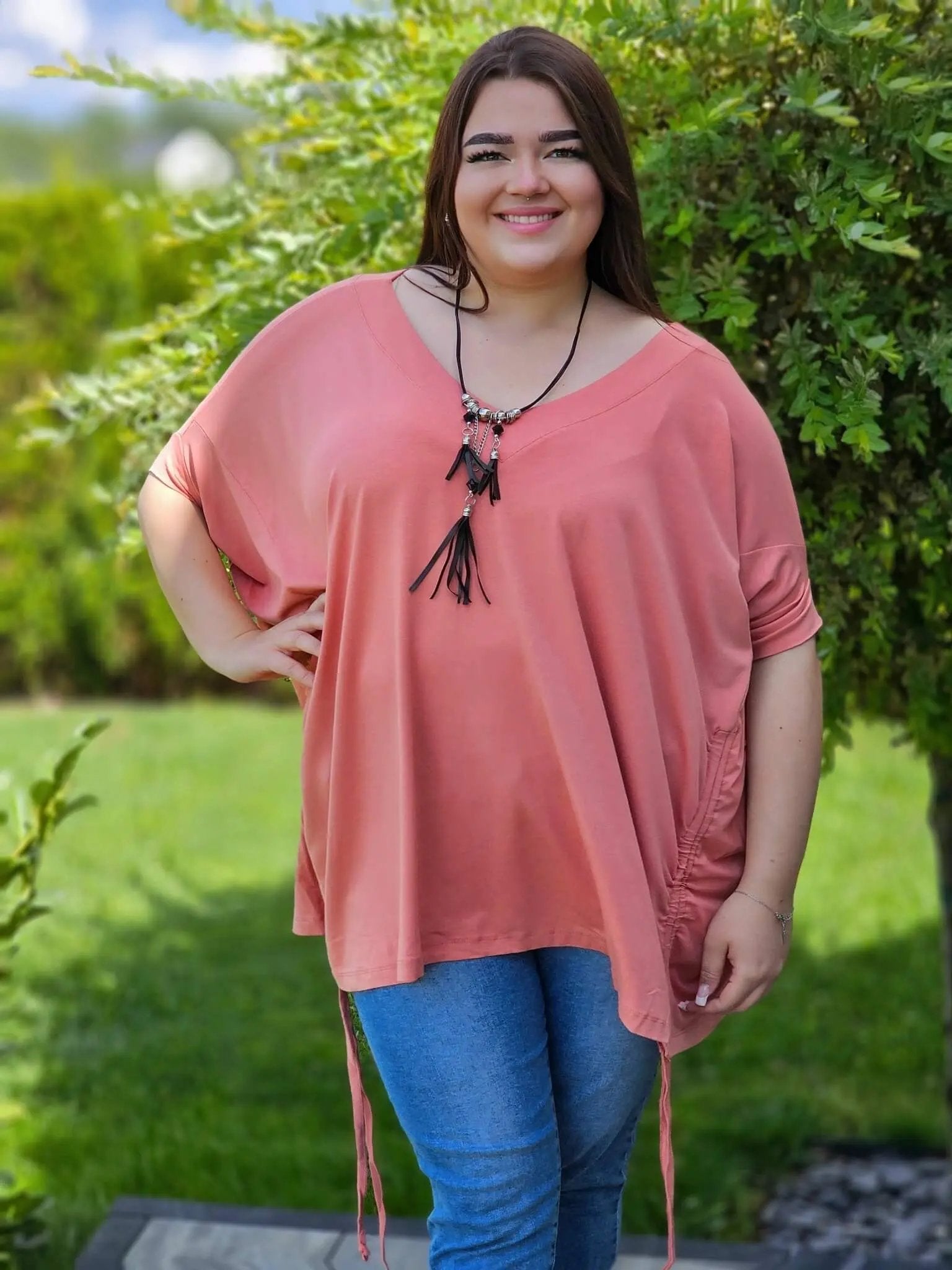 Świetna bluzka z marszczeniem na boku- łososiowa Stylowa XL