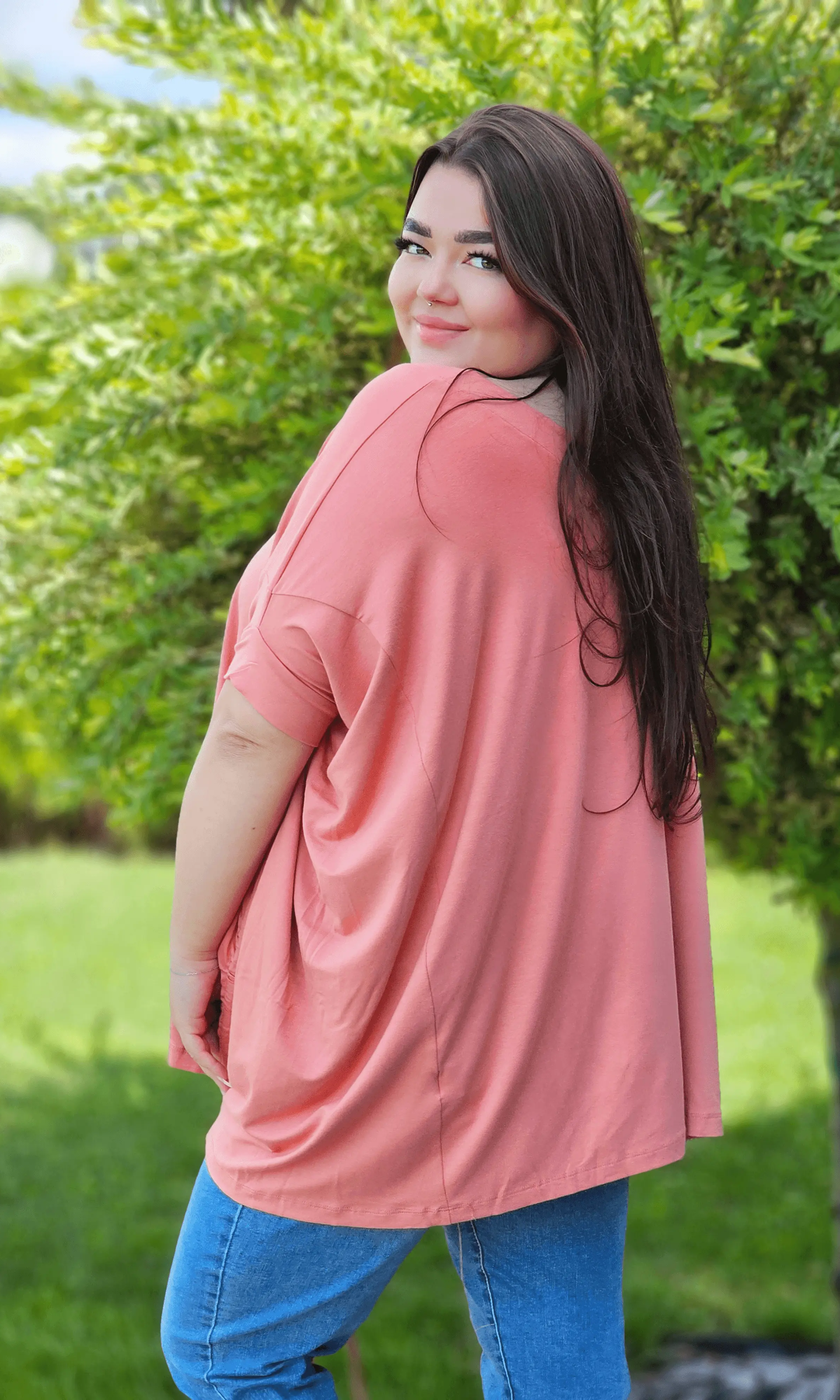 Świetna bluzka z marszczeniem na boku- łososiowa Stylowa XL