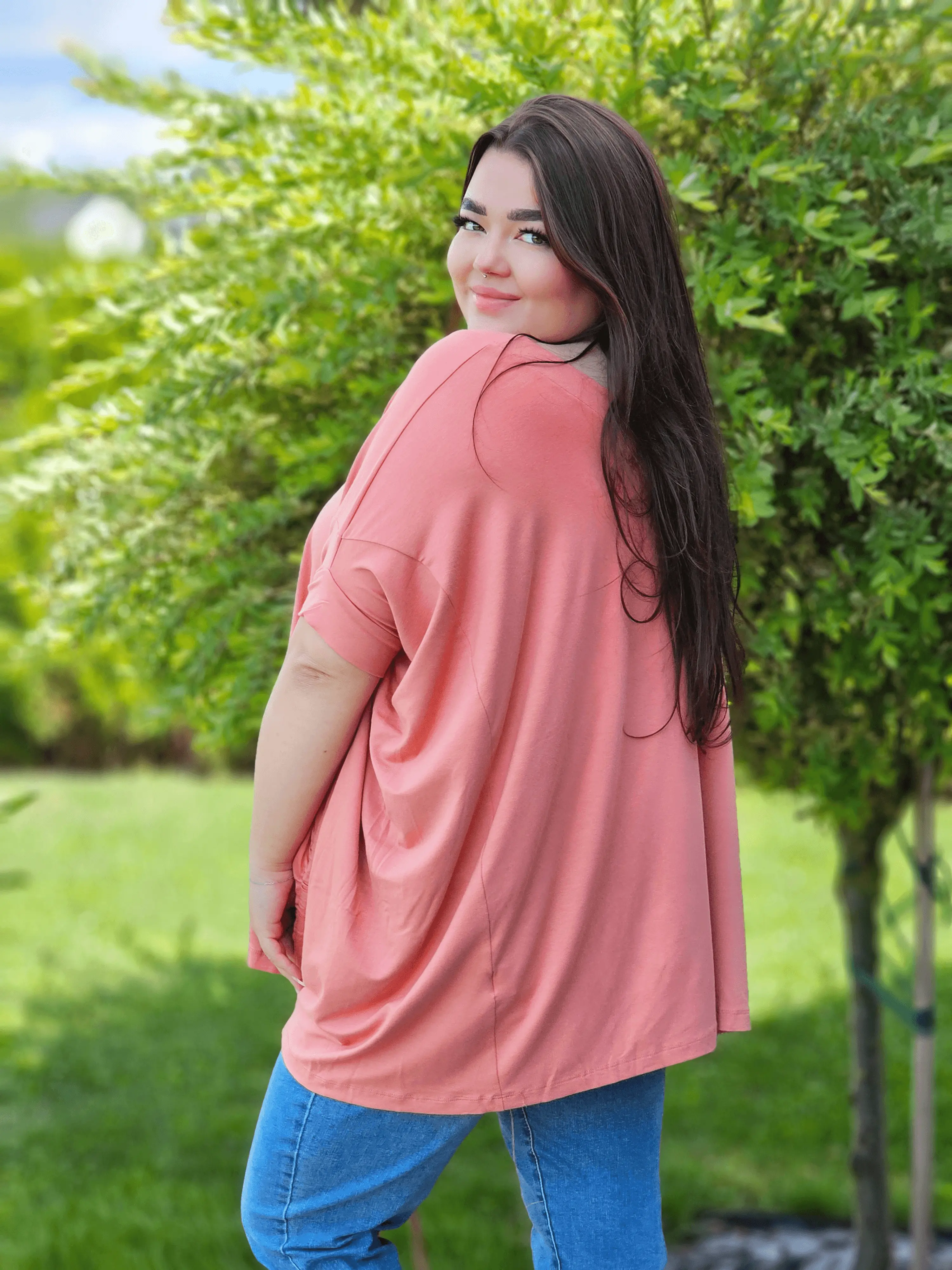 Świetna bluzka z marszczeniem na boku- łososiowa Stylowa XL