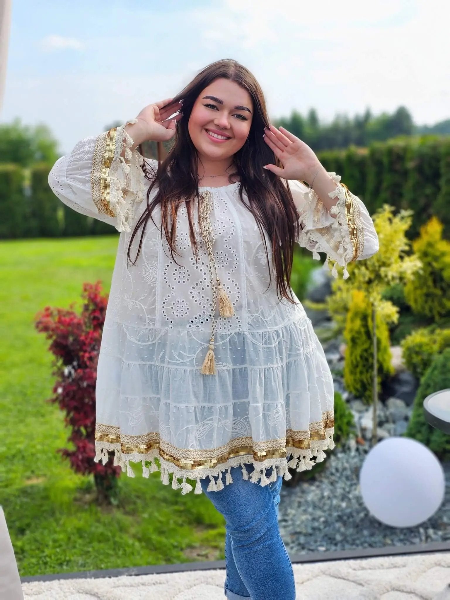 Tunika boho z haftem i chwostami Stylowa XL