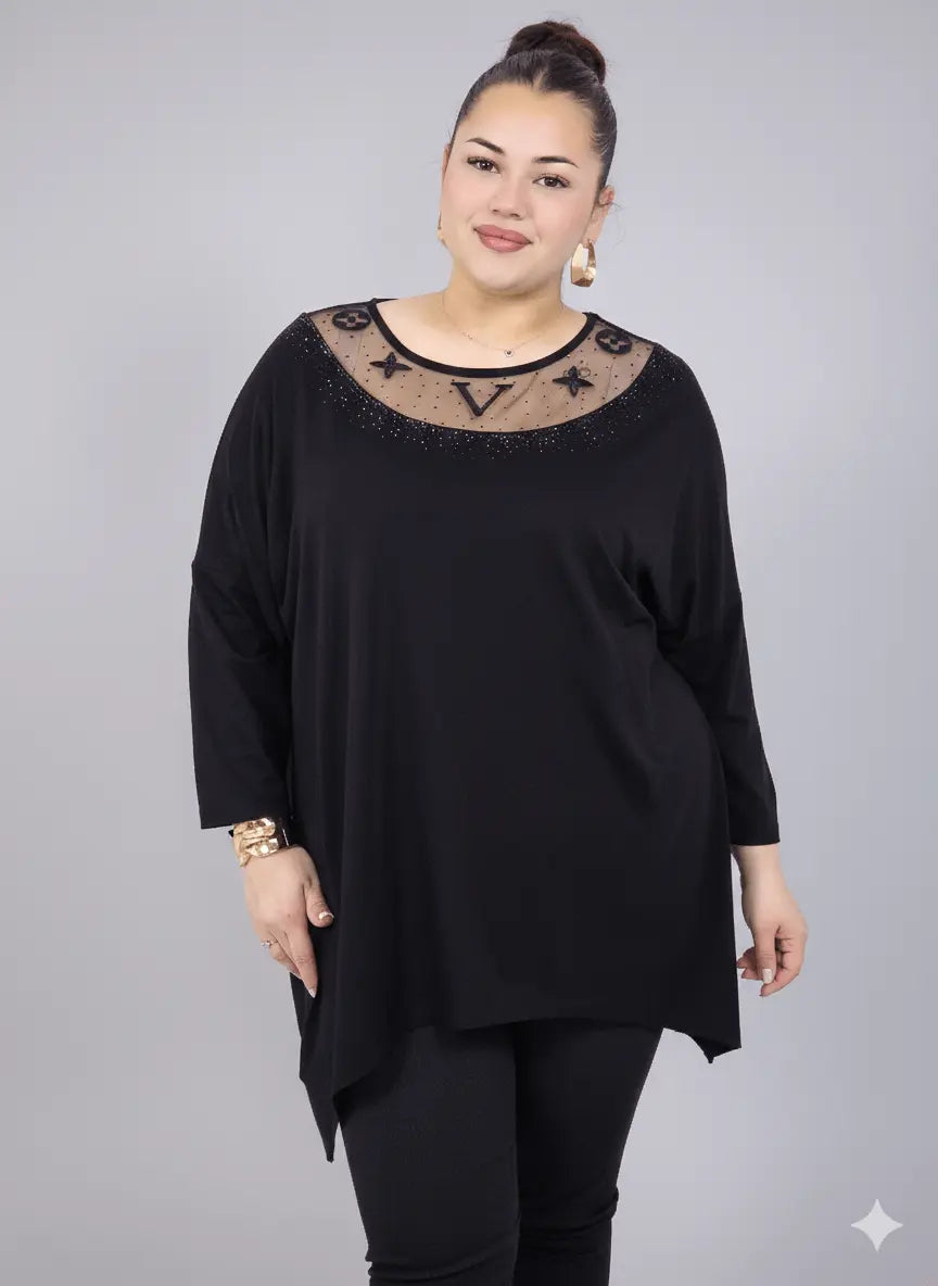 Tunika plus size z ozdobnym dekoltem – elegancka tunika XXL dla kobiet Stylowa XL