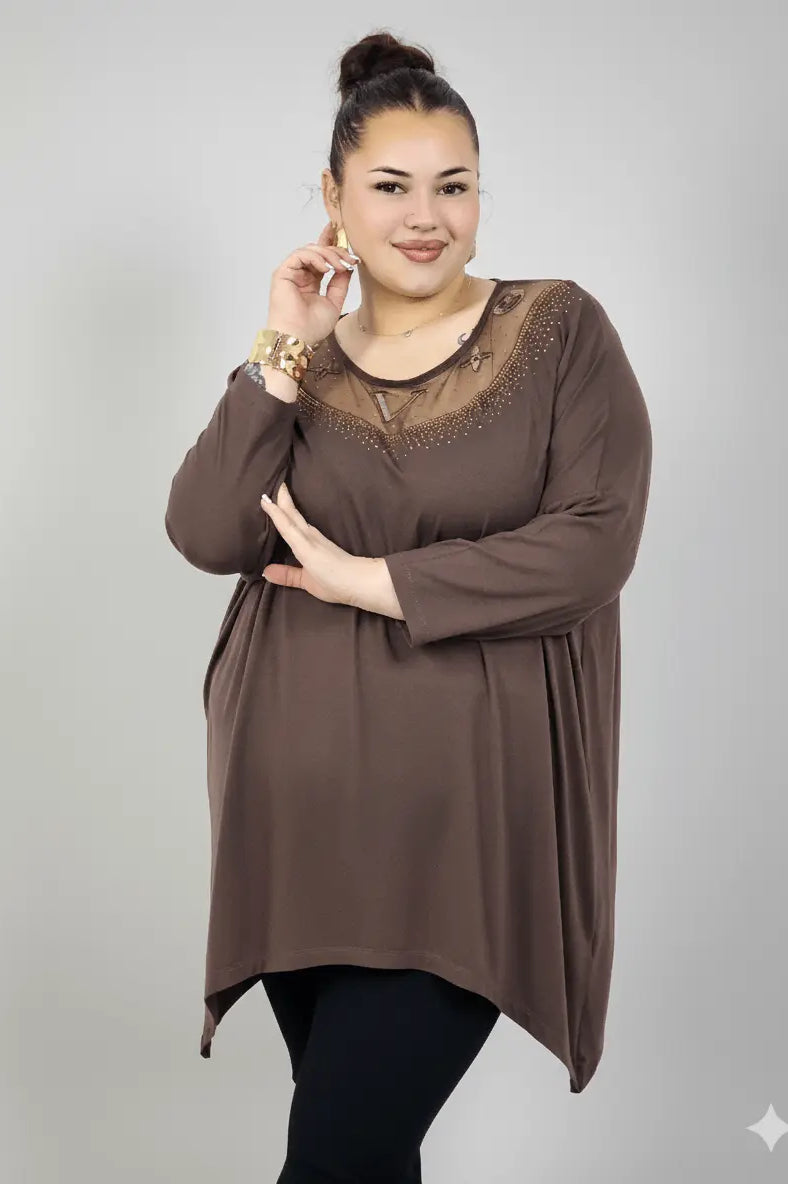 Tunika plus size z ozdobnym dekoltem – elegancka tunika XXL dla kobiet Stylowa XL