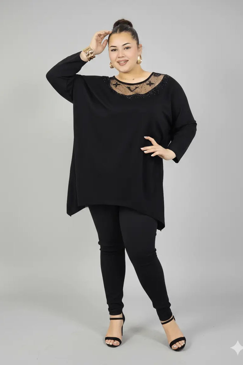 Tunika plus size z ozdobnym dekoltem – elegancka tunika XXL dla kobiet Stylowa XL