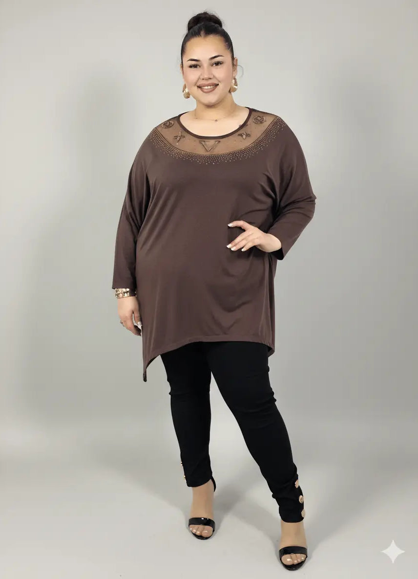 Tunika plus size z ozdobnym dekoltem – elegancka tunika XXL dla kobiet Stylowa XL