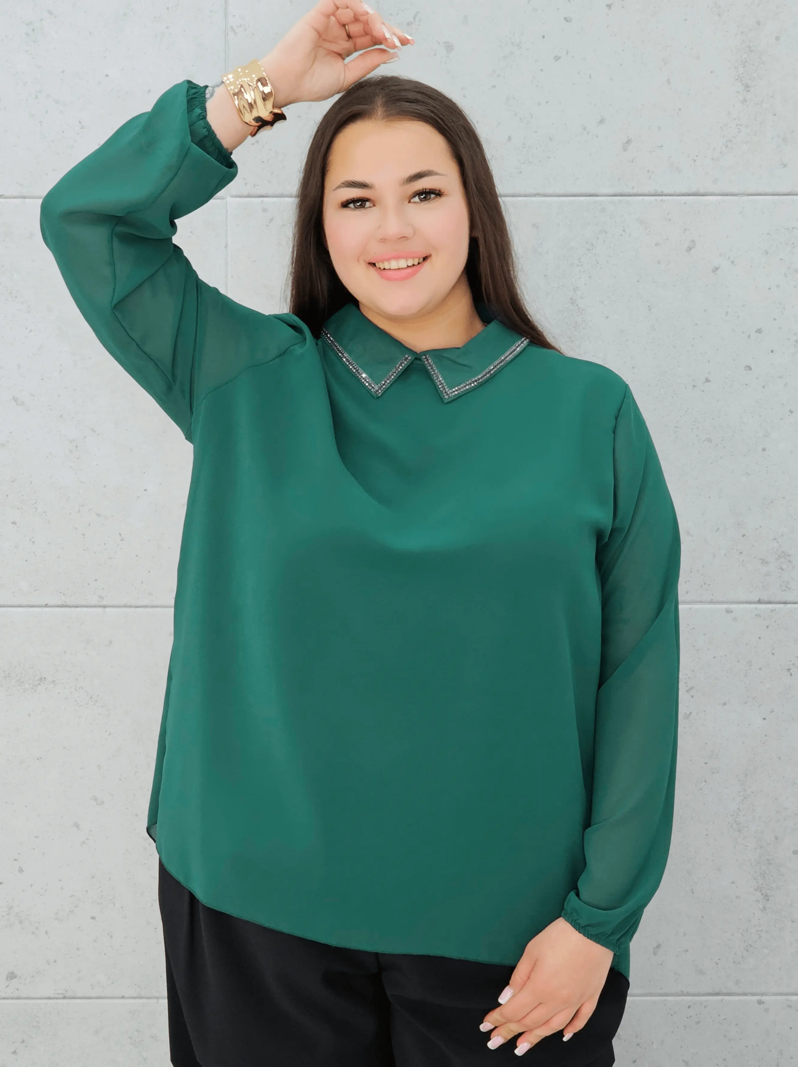 Zielona bluzka z ozdobnym kołnierzykiem Stylowa XL