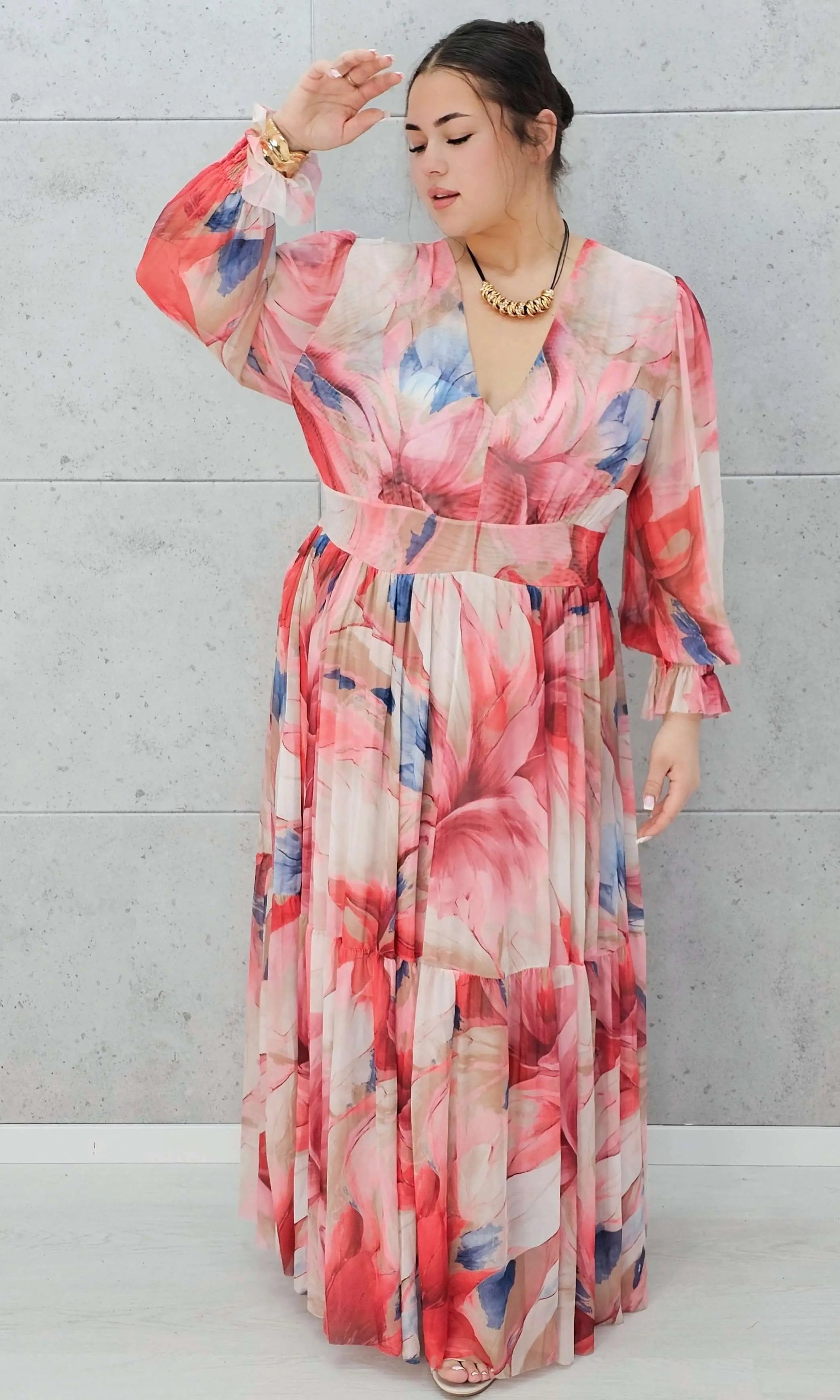 Zwiewna siateczkowa sukienka maxi w kwiaty. Stylowa XL