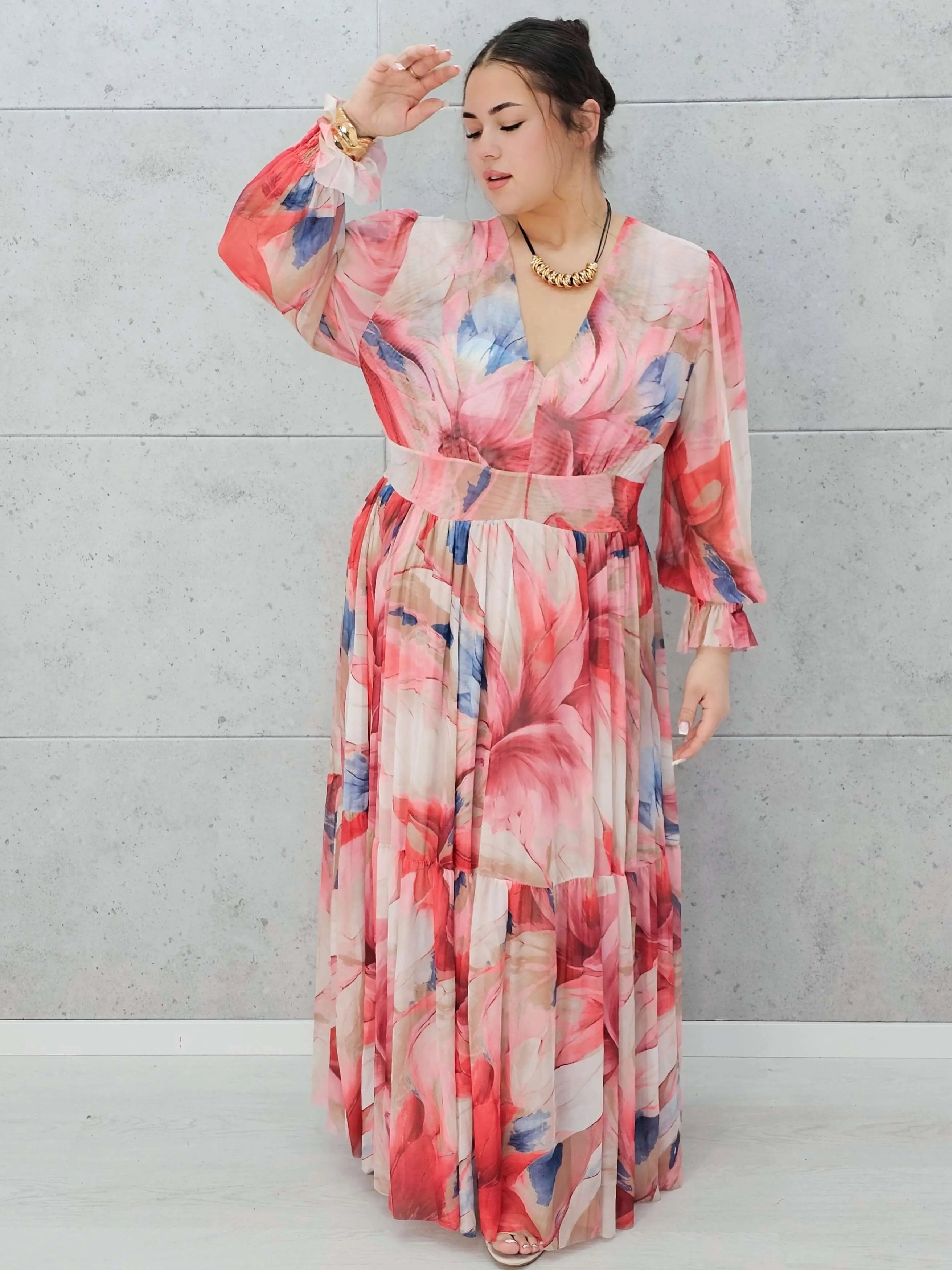 Zwiewna siateczkowa sukienka maxi w kwiaty. Stylowa XL